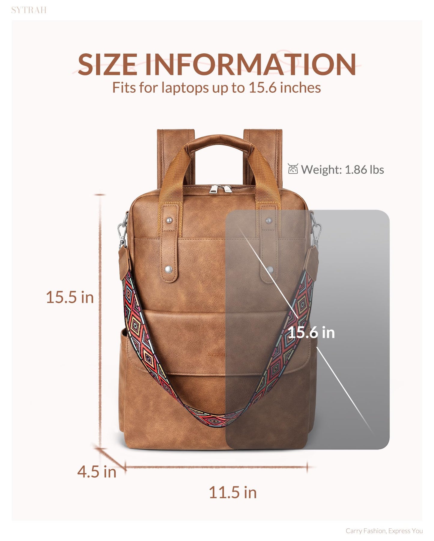 SYTRAH Leather Laptop Backpack 15.6 Inch Womens Laptop Bag, 3 IN 1 Computer Bag Handbag with Colorful Shoulder Bag Strap for Work Travel College Mocha Brown