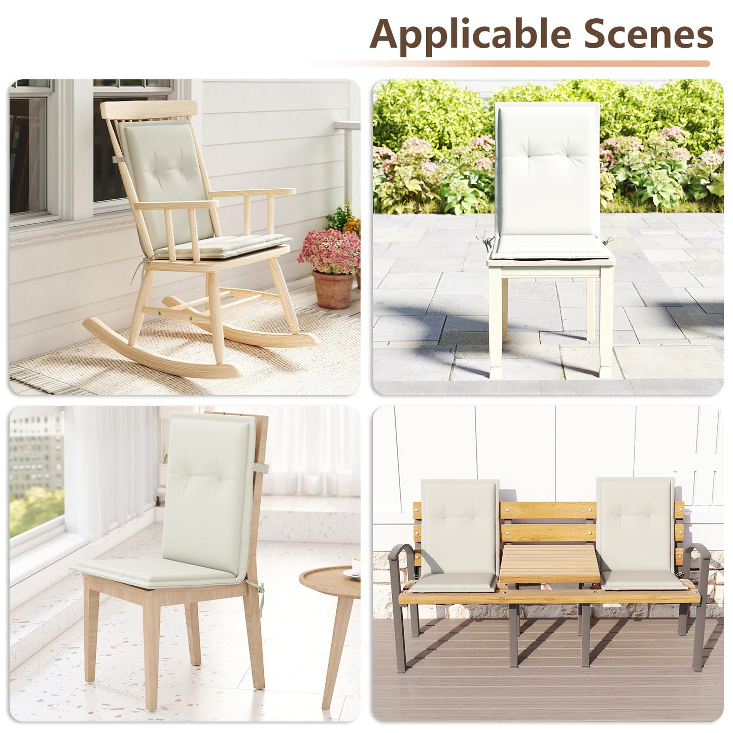 C-Hopetree Indoor High Back Rocking Chair Cushions for Glider and Swivel Rocker, Outdoor Replacement Highback Dining Seat Pads with Back Elastic and Ties, 18" x 42" x 1.5", Beige, Set of 2