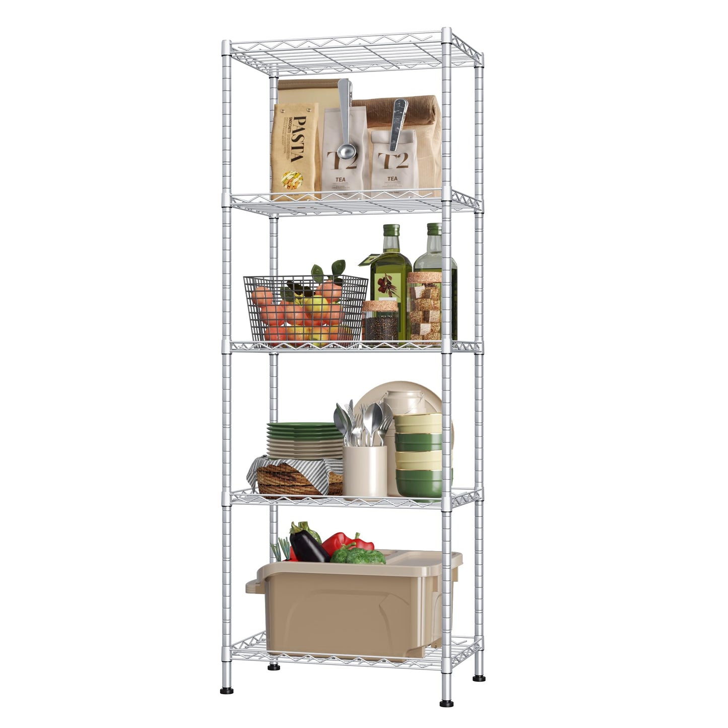 HOMEFORT 5-Shelving Unit, Adjustable Wire Shelving, Metal Wire Shelf Rack Organizer for Kitchen, Pantry, Closet, Bathroom, Laundry,Sliver,21" W x 11" D x 53" H
