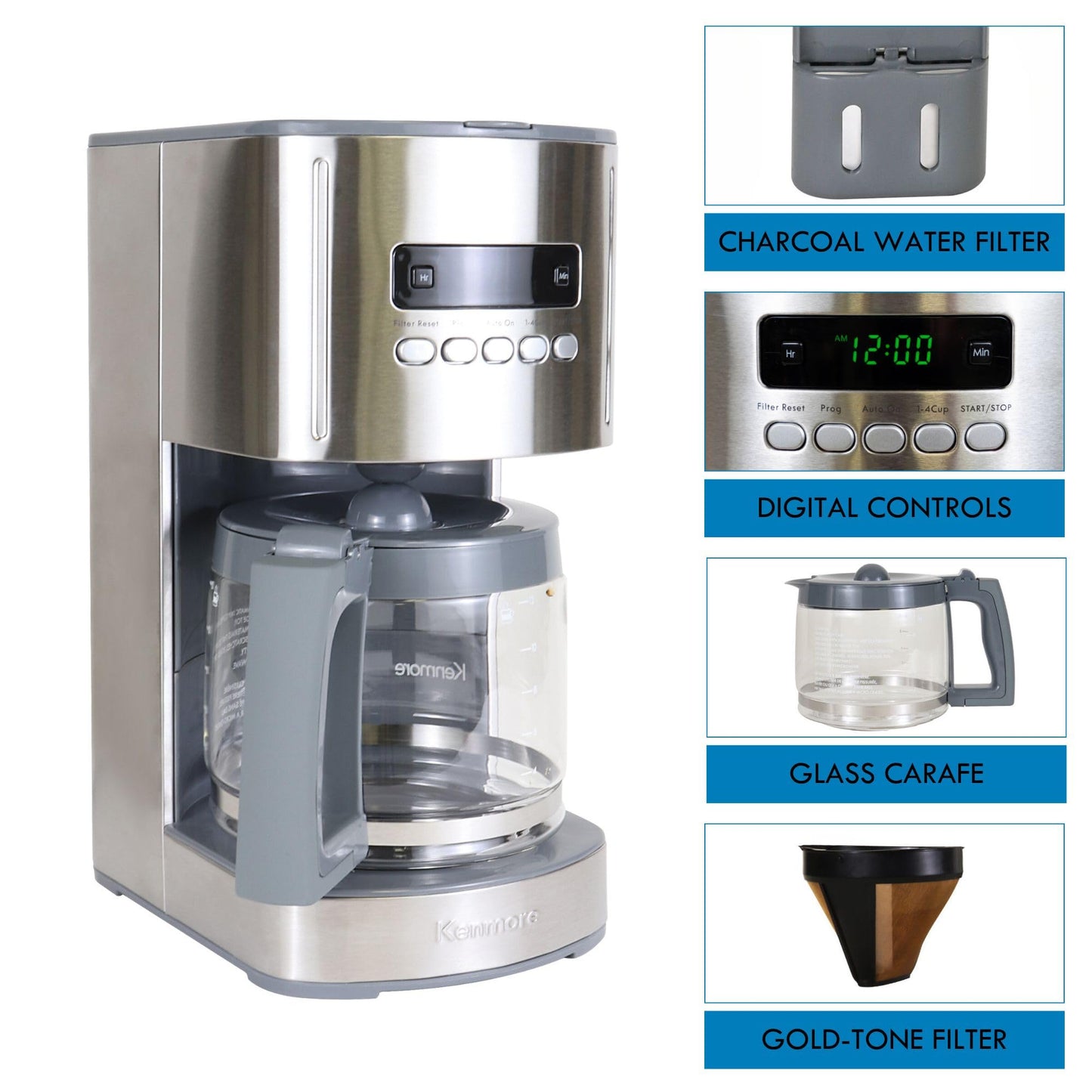 Kenmore Drip Coffee Maker - 12 Cup Programmable Cafe Machine With Glass Pot, Regular & Bold Brew, Auto Shut Off Large Water Reservoir, Reusable Filter, Kitchen Appliances For Cafeteria Barista