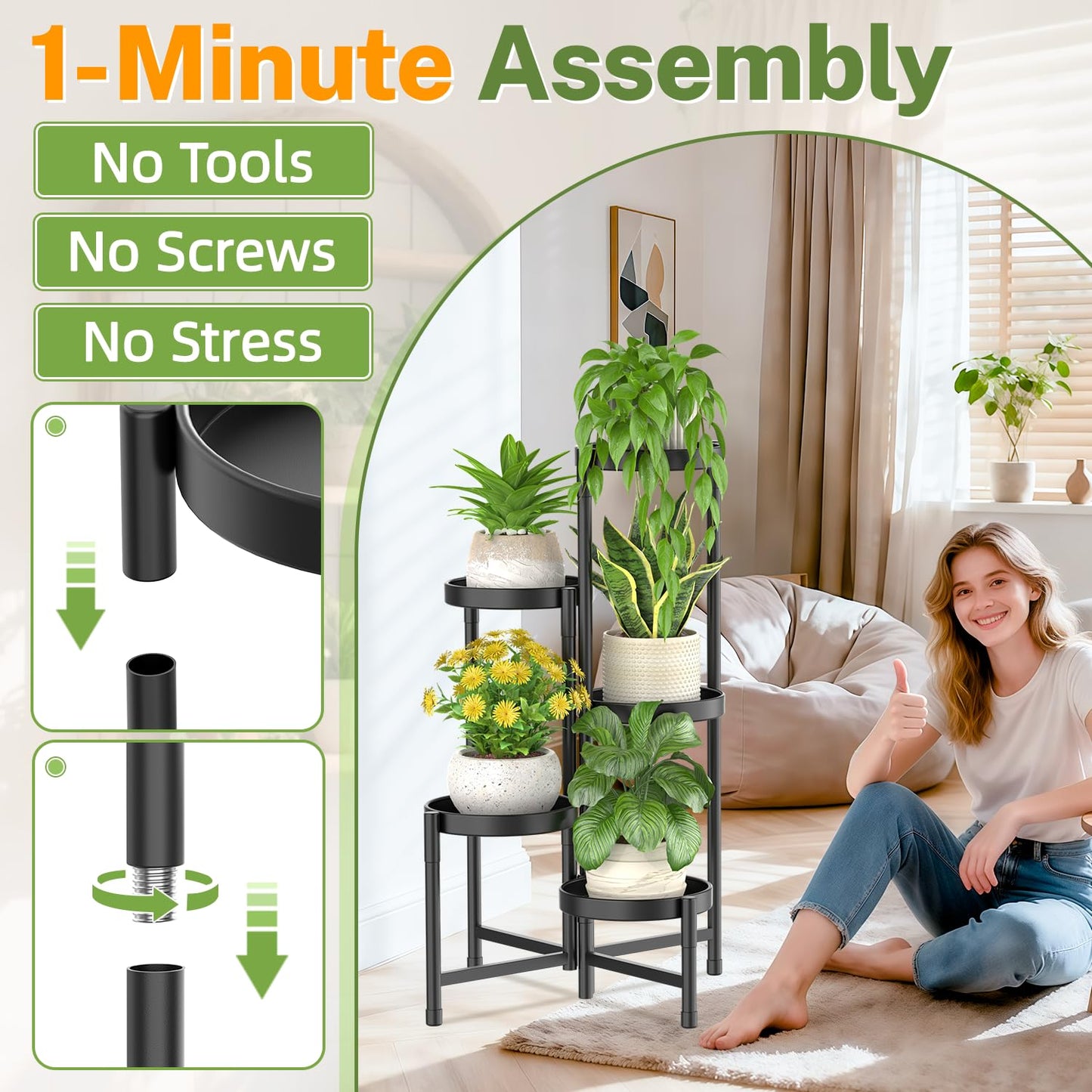 5 Tier Metal Plant Stand for Indoor Outdoor, iDavosic.ly Foldable Corner Tall Plant Shelf for Multiple Plants, Rustproof Flower Pot Holder Display Stand for Living Room Balcony Garden Patio (Black)