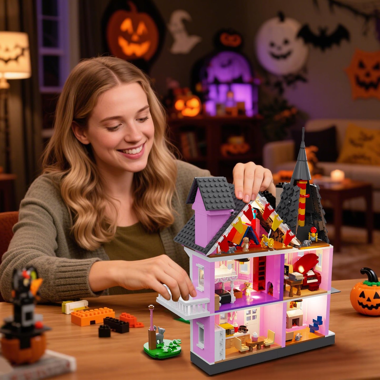 Pink Girls House Building Set with Light, Haunted House Construction Building Toys, Architecture Building Kit for Adults, Halloween for Boys Kids 8-12 (1537 PCS)