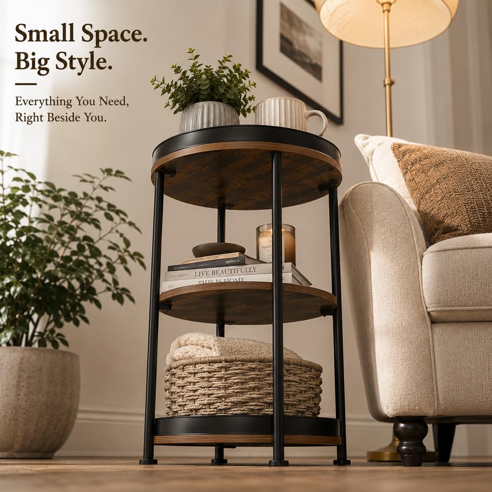 Dulcii Industrial Round End Table, 3 Tiers Round Side Table with Sturdy Metal Frame, Metal Round Sofa Table, Vintage Nightstand for Living Room Bedroom, Easy Assembly