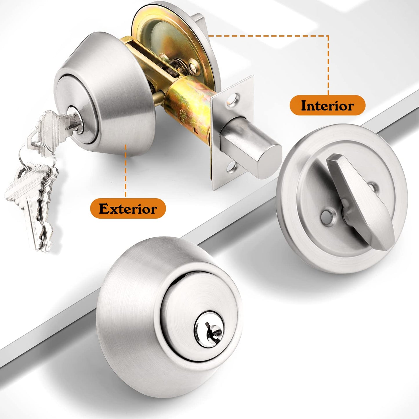 Probrico(2 Pack) Keyed Alike Single Cylinder Deadbolts Brushed Nickel (Combo Packs), Keyway Keys Handleset, 3 Keys Anti-Theft Interior& Exterior Door Hardware (for Entrance Lock and Front Gate)