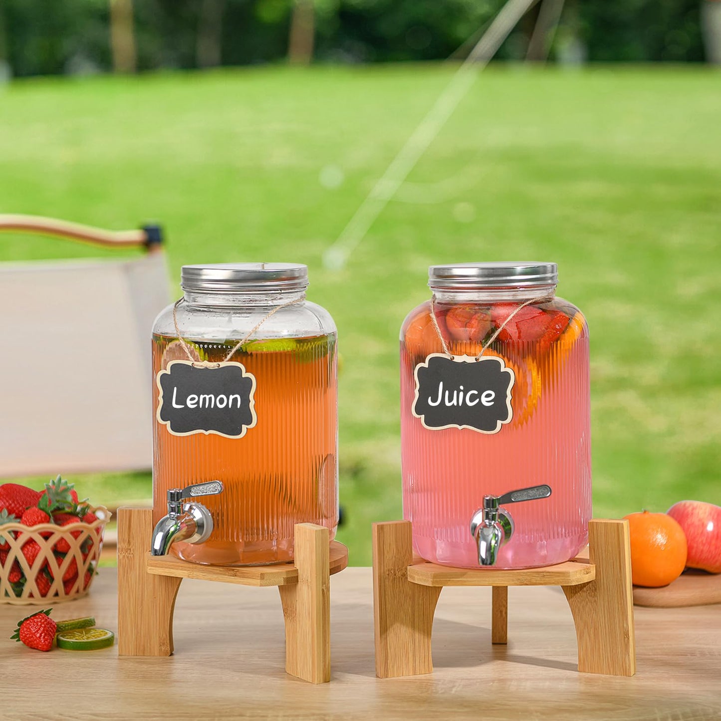 Hiziwimi 2 Pack Beverage Dispenser with Banboo Stand - 1 Gallon Glass Drink Dispenser for Parties with Spigot Solid Stainless Steel, Used As Iced or Hot Lemonade Juice Punch Dispenser