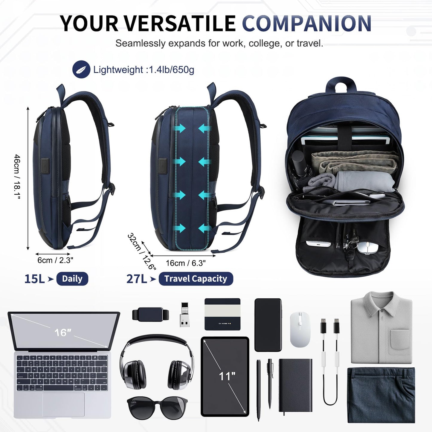 SUIKIHUM 15.6 Inch Laptop Backpack, Expandable with USB Port, Water-Resistant for Work, College and Travel, Blue