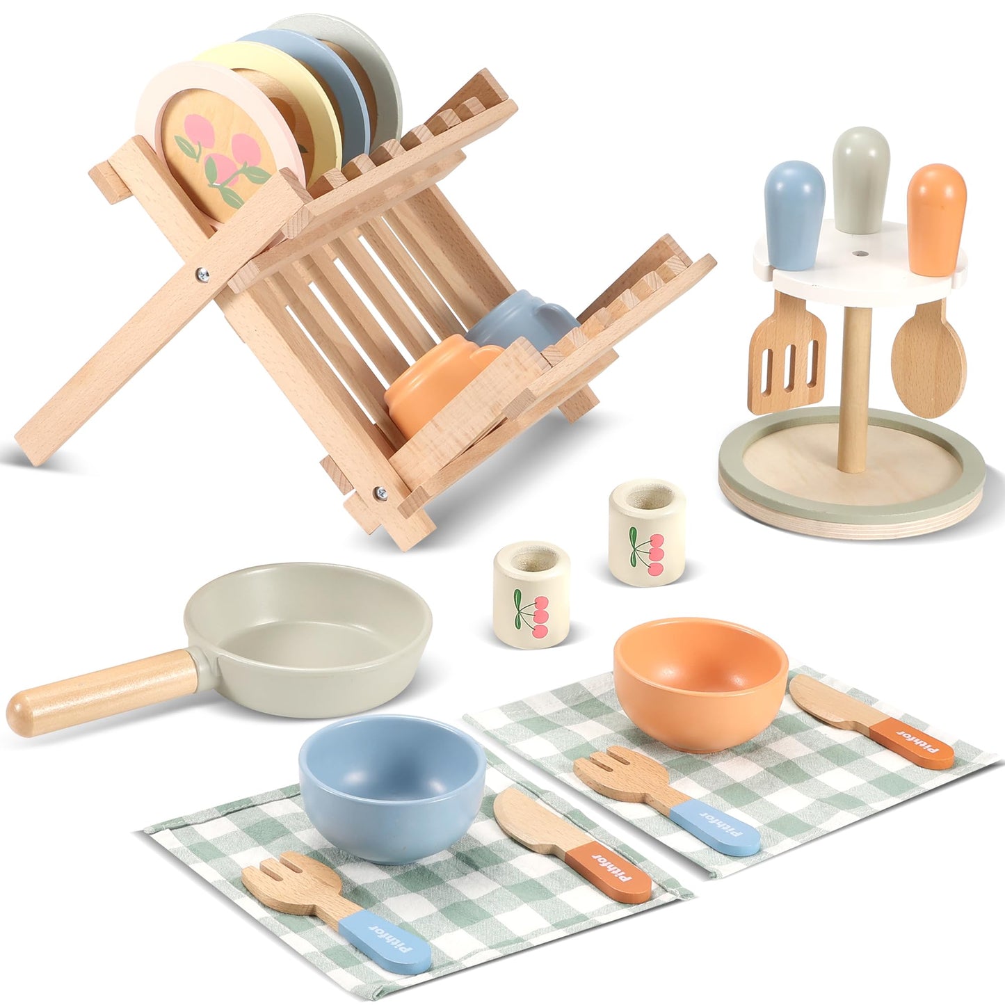 Pithfor Wooden Play Cookware Set, Pretend Play Kitchen Accessories Toys Set for Kids Toddlers, Including Play Dishes, Pan, Tableware, Utensils