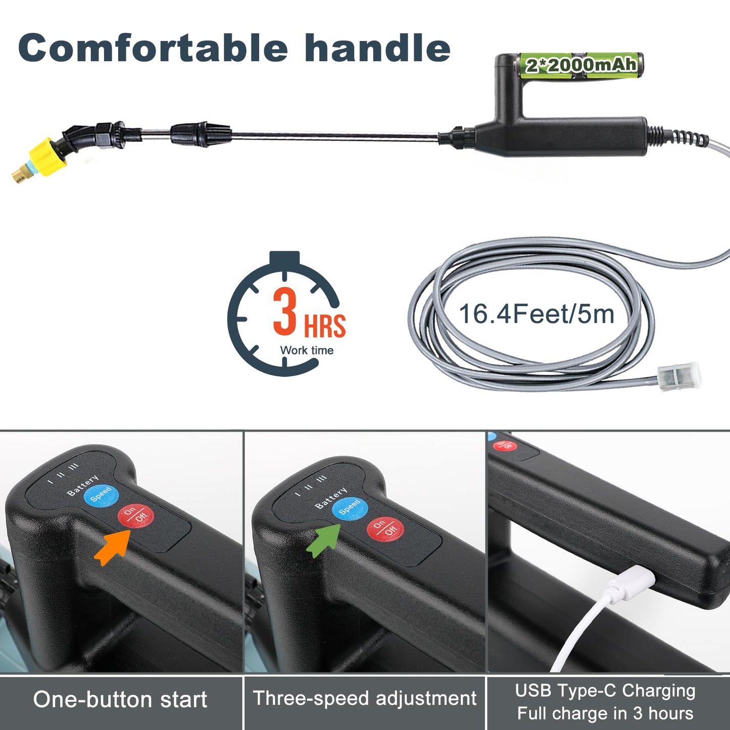 Battery Powered Sprayer, Electric Sprayer with 5 Nozzles and 16.4FT/5M Hoses, USB Rechargeable Handle, 32 Inch Telescopic Wand, Multipurpose Plant Sprayer for Yard Lawn Weed Plants