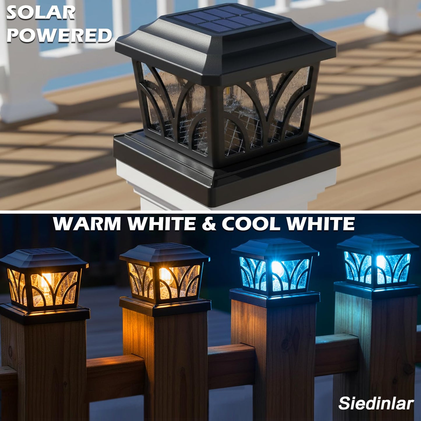 SIEDiNLAR Solar Post Cap Lights Outdoor, Aluminum Glass 2 Modes Fence Post Caps for 4x4 5x5 6x6 Vinyl Wooden Posts Fence Deck Patio Decor, Warm White/Cool White Lighting 2 Pack (Black)