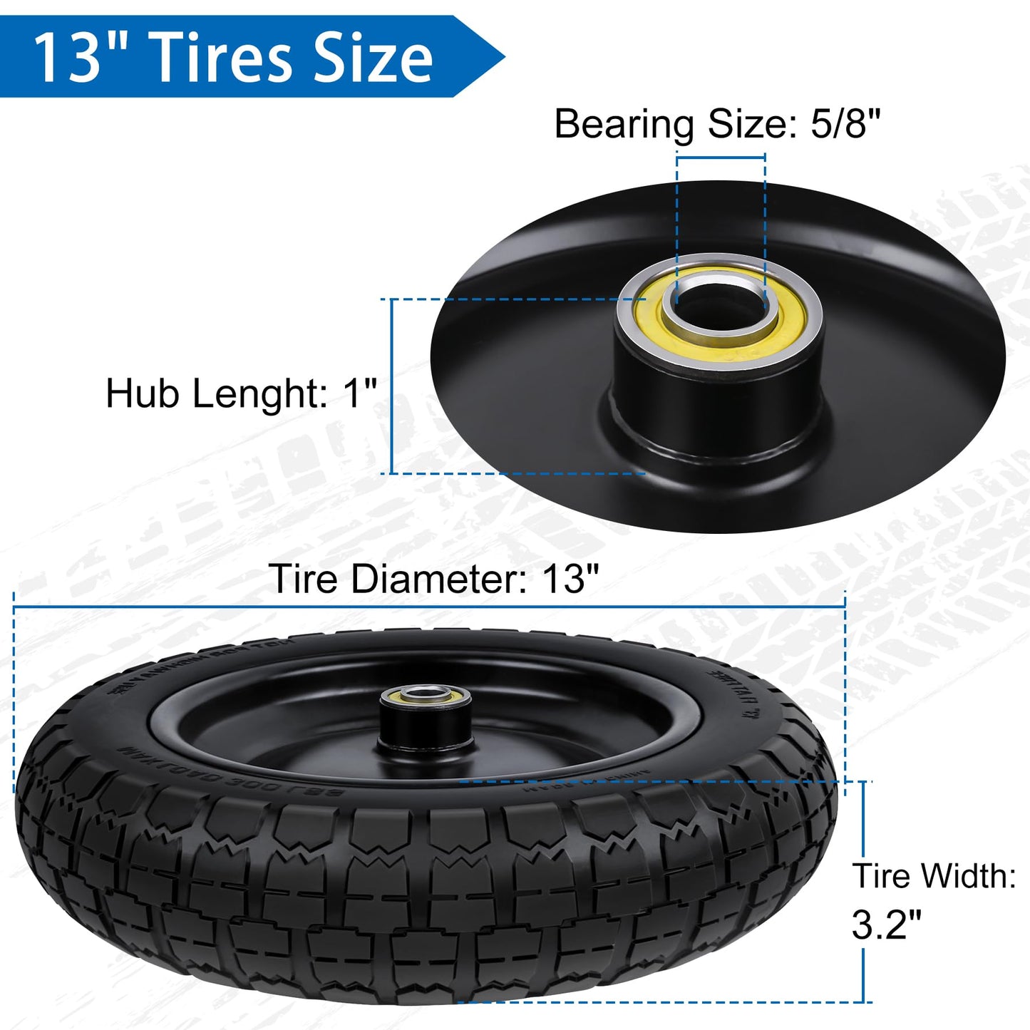13 Inch Flat Free Wheels Tires 4.00-6 Solid Replacement with Universal 5/8" Axle Bore Hole, 8 Spacers and 4 Pins, for Wheelbarrow, Garden Wagon, Hand Truck, Trolley, Lawn Mower, 2 Pack
