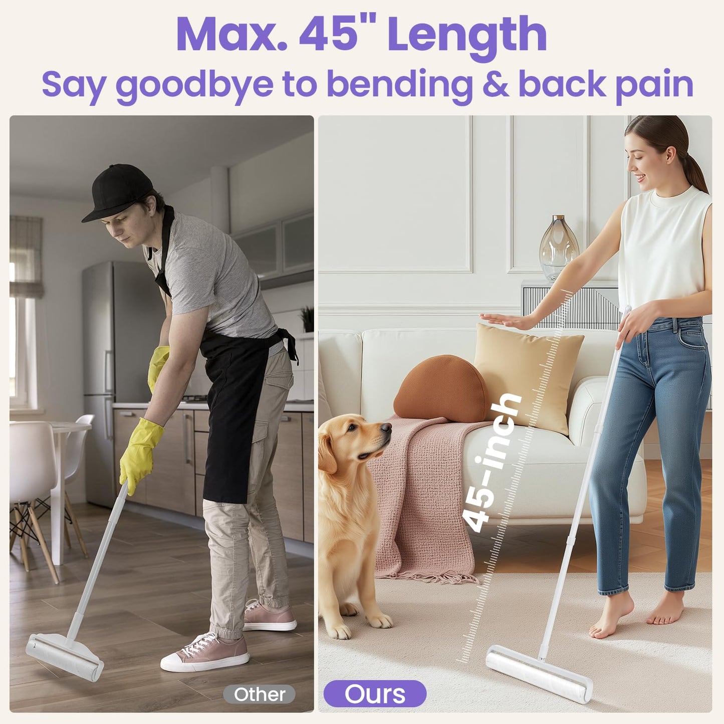 DELOMO 14.17" Extra Large Lint Rollers for Pet Hair, Sticky Rollers for Floor with 3 Extendable Handle & 4 Refills (200 Sheets), Long Handle Sticky Mop for Cleaning Carpets, Couches, Furniture, Cars