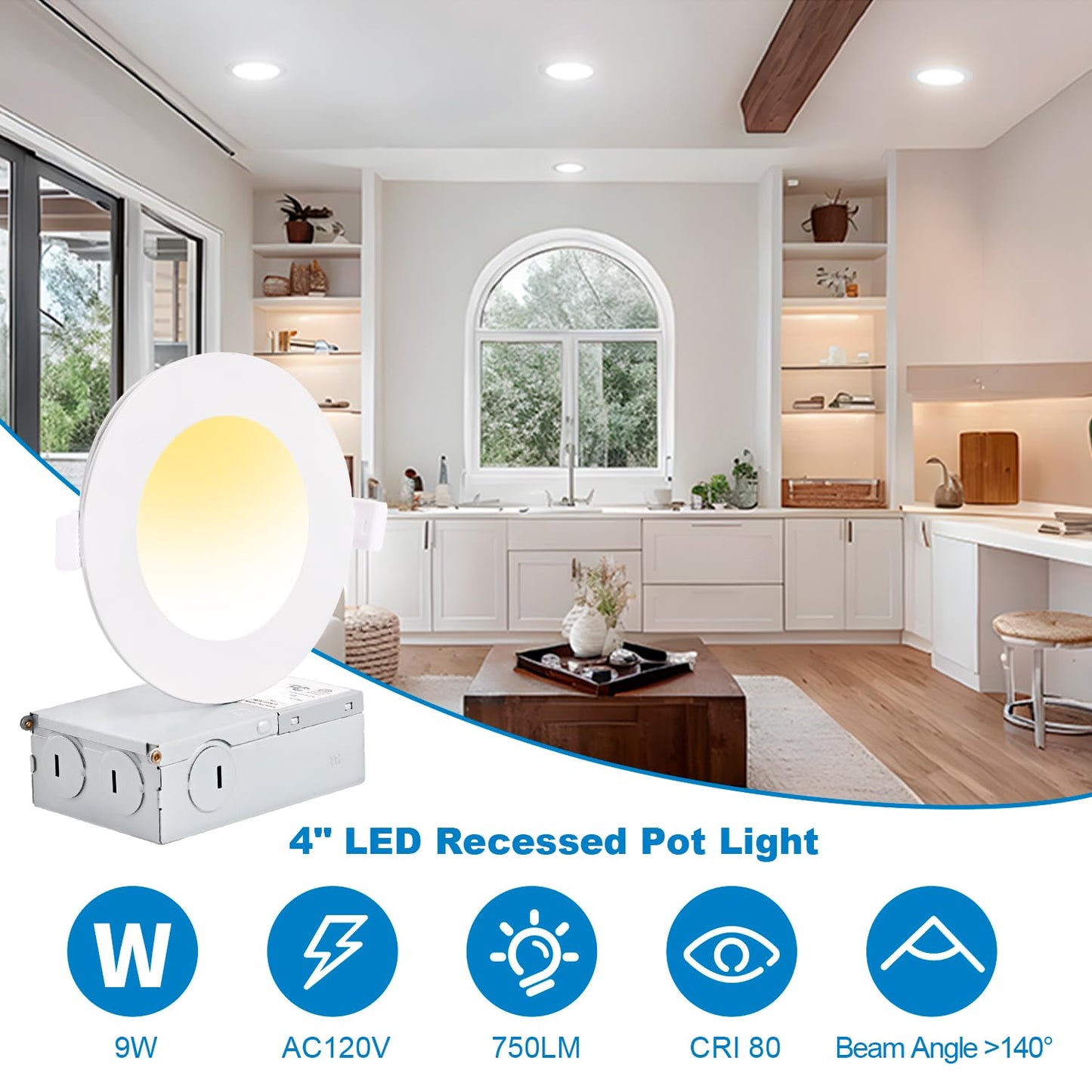 CSACCT LIGHT 4 Inch 3CCT 9W Ultra Thin LED Recessed Pot Lights, 3000K 4000K 5000K Selectable, 750LM Dimmable IC Rated for Shower, Kitchen, Living Room, 6 Pack