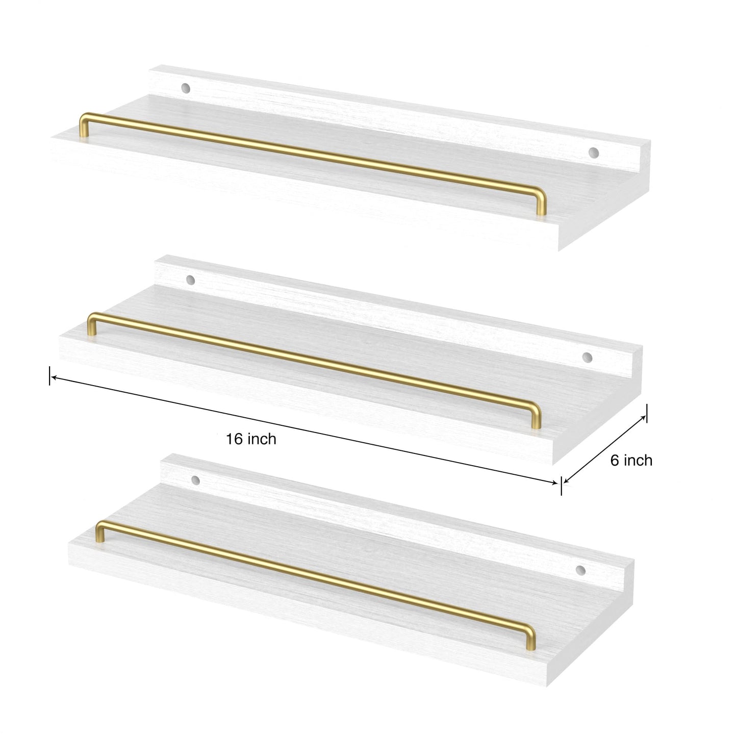 RYOFOBETTO Floating Shelves for Wall Decor, White and Gold Shelves for Bathroom, Living Room, Bedroom, Picture Frames, Plants, Kitchen (Set of 3)