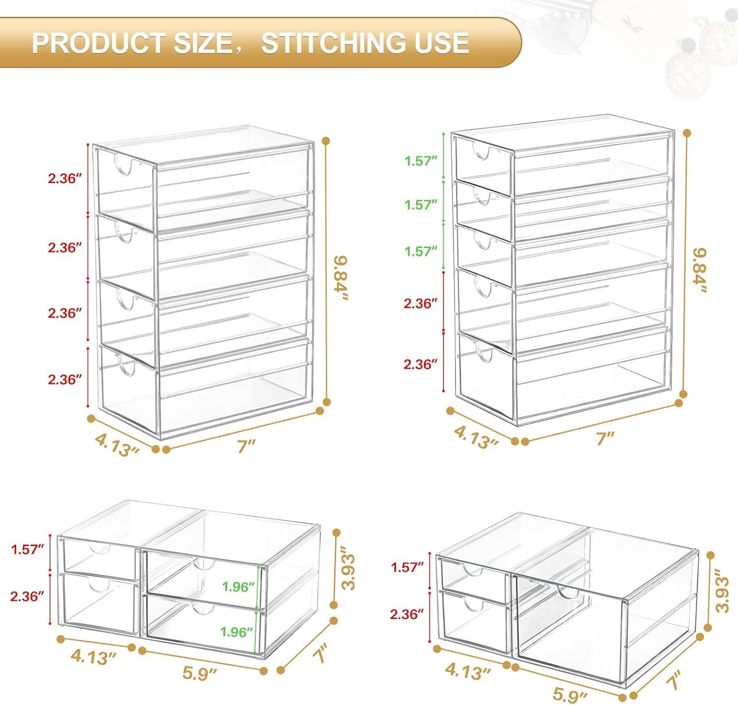 caktraie Makeup Organizer Storage With 16 Drawers, 4 Pcs Desktop Office Supplies, Desk Organizers, Clear Accessories, Dustproof Drawer and for Make Up, Jewelry, Pen, Stationary