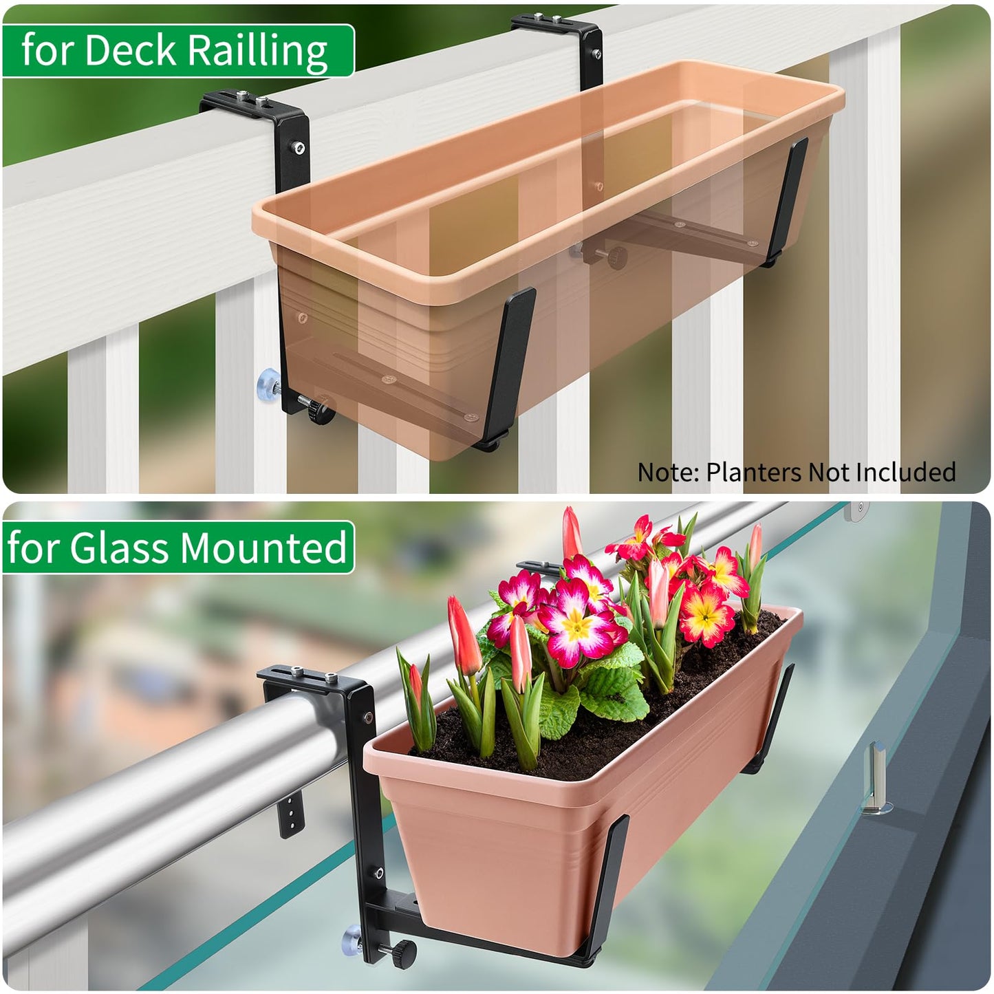 Window Box Brackets, Adjustable Planter Box Brackets, Heavy Duty Iron Flower Box Brackets for Railings, with Enhanced Bottom Support - Perfect for Balconies, Fences, and Gardens (6 Pack)