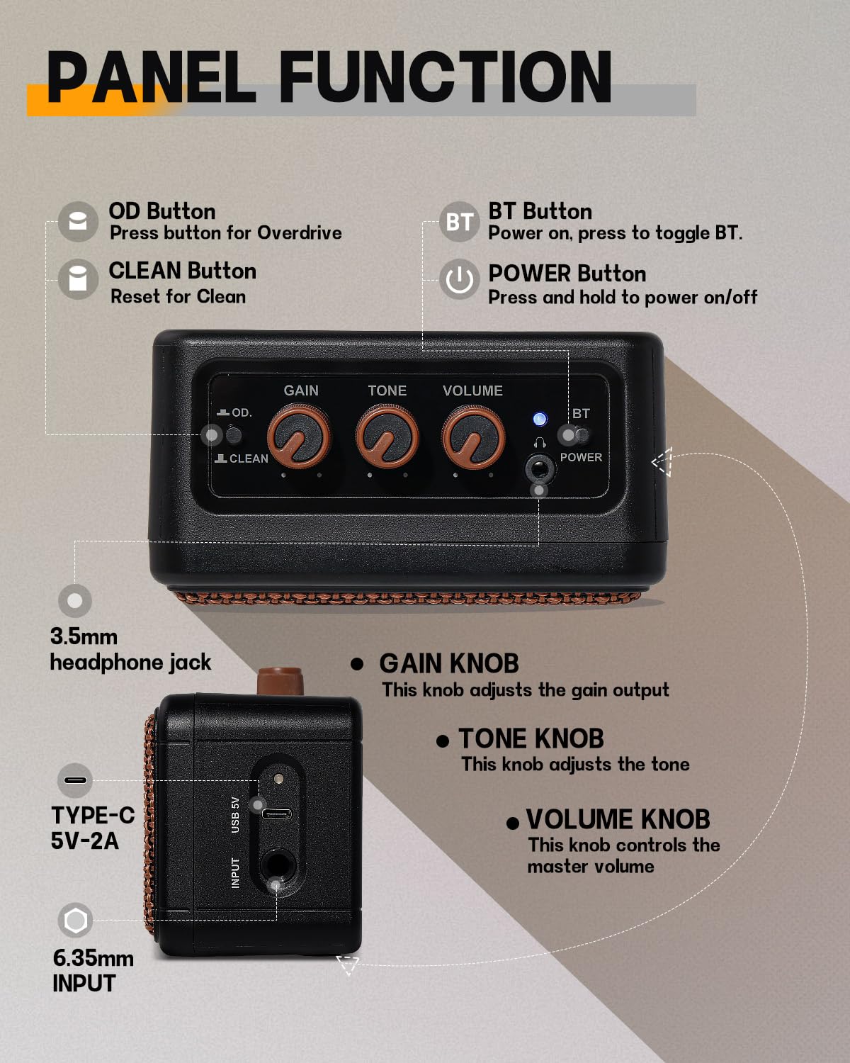 Leo Jaymz Mini Guitar Amplifier - 5W Dual Speaker BT Wireless Guitar Amp， Rechargeable Battery, Clean/Overdrive Modes, Headphone Jack,Ideal for Practice & Performance (Black)