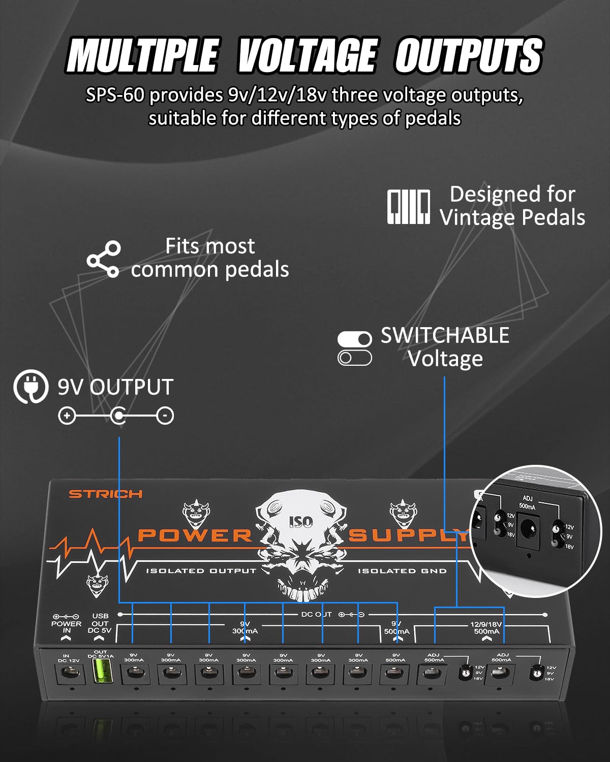 STRICH SPS-60 Guitar Pedal Power Supply, 10 Totally Independent DC Outputs Pedal Board Power Supply for 9V/12V/18V (300mA/500mA) High Power for Power High-current Effect Pedal, Noiselessly