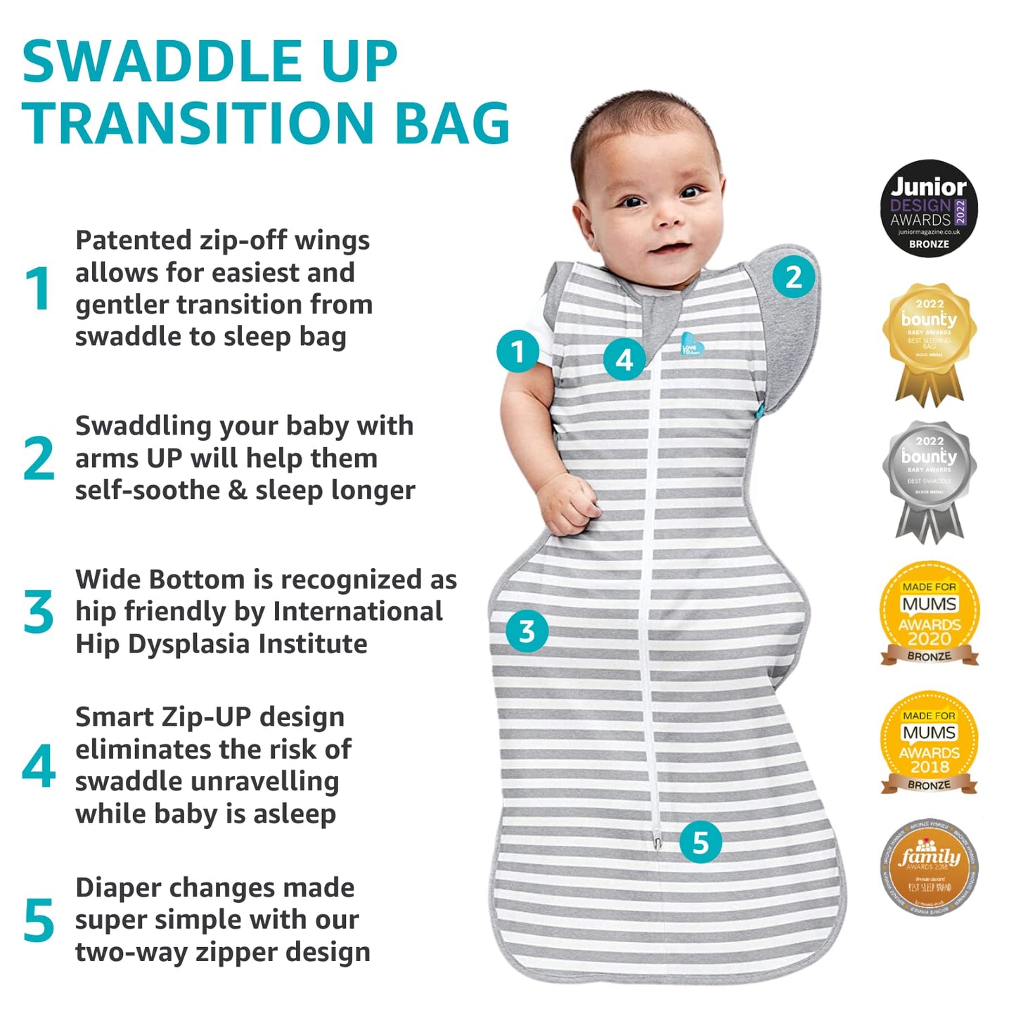 Love to Dream Swaddle UP Transition Bag Warm 2.5 TOG, Dreamer White, Medium, 13-19 lbs, Patented Zip-Off Wings, Gently Help Baby Safely Transition from Being Swaddled to Arms Free Before Rolling Over