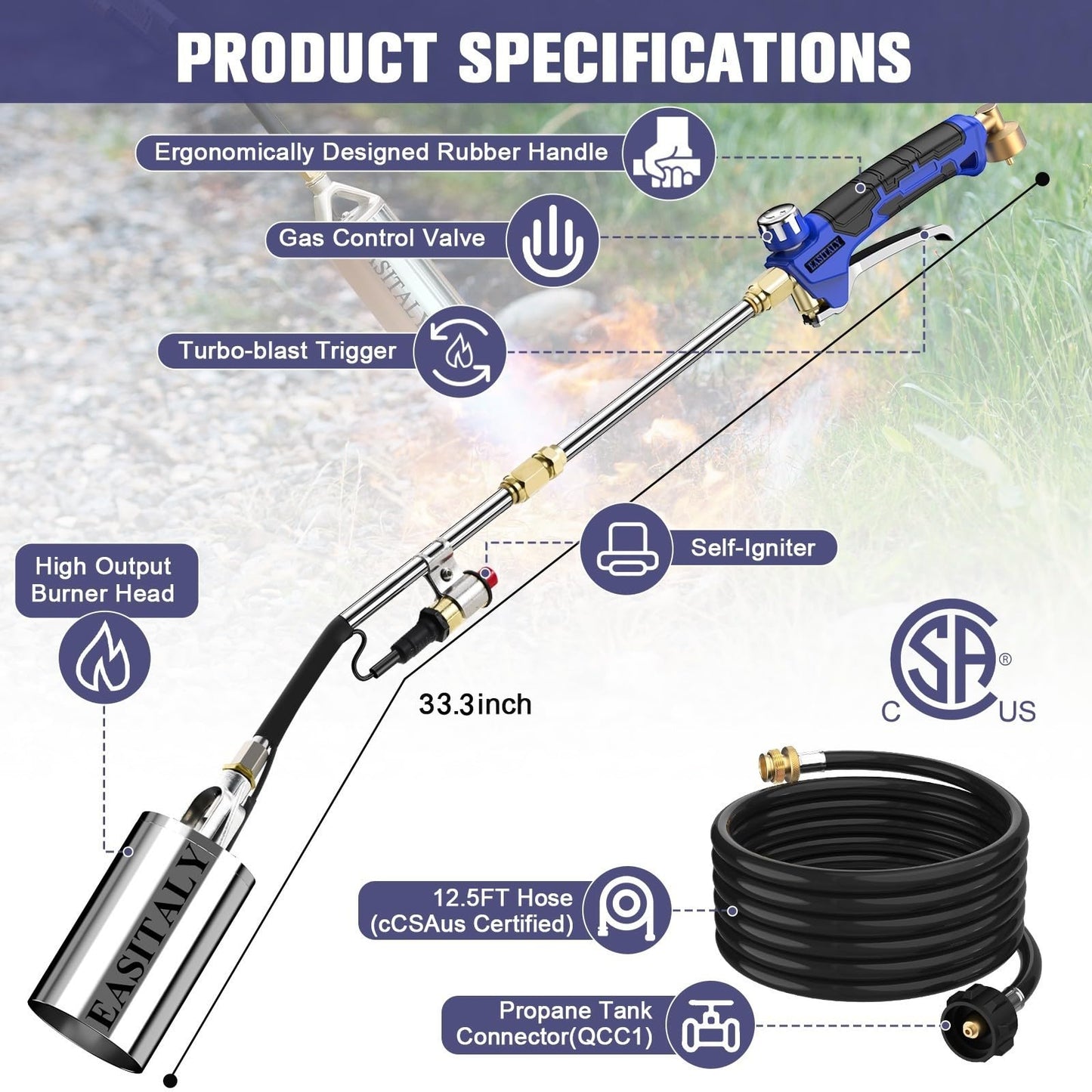 Propane Torch Weed Burner Kit,High Output with 12.5FT Hose,Heavy Duty Blow Torch Flamethrower with Long/Short Mode for Flame Weeding, Ice Snow Melting, Asphalt & BBQ(33.3")