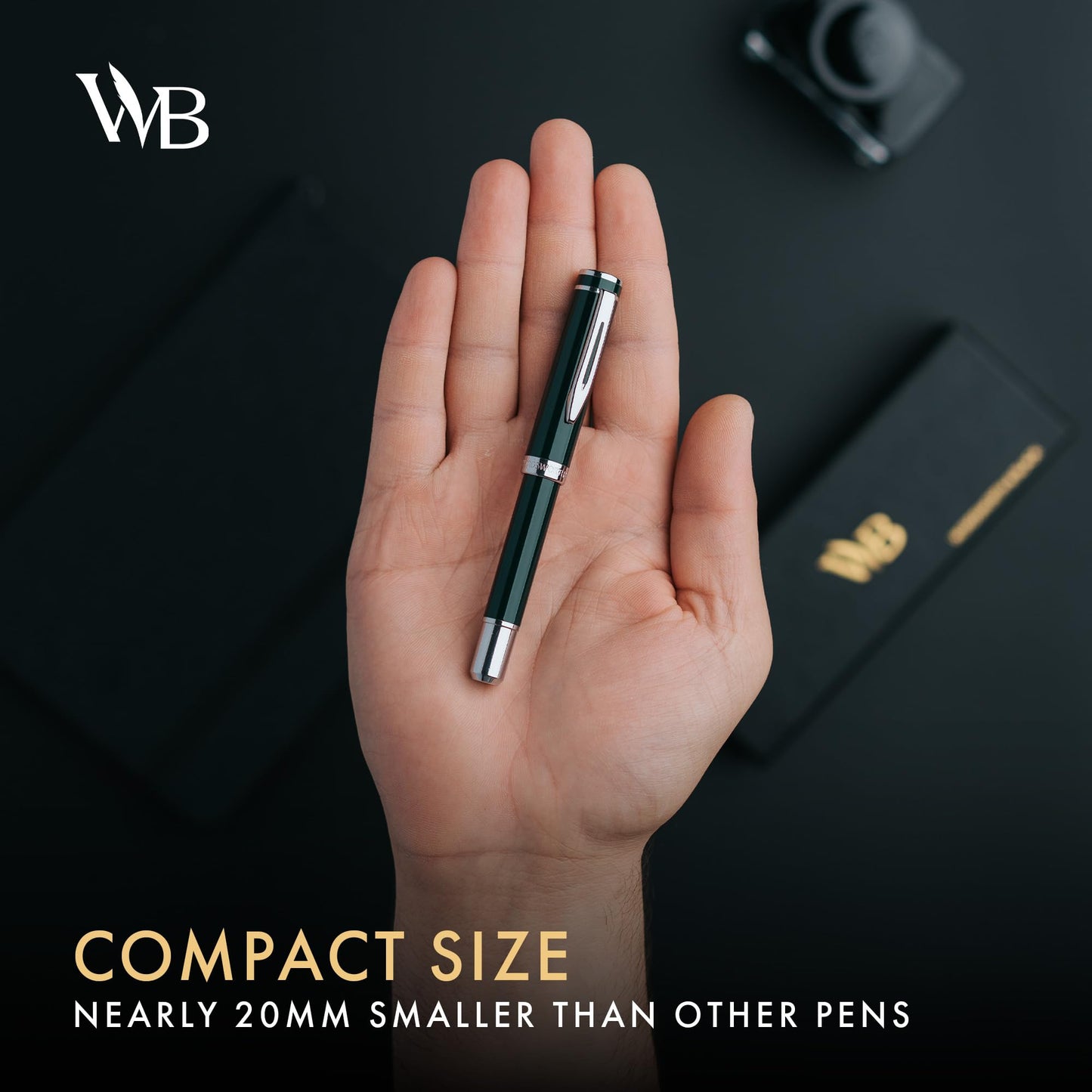 Wordsworth and Black Fountain Pen Mini EDC: Luxury Green Heavy Pocket Pen, Chrome Finish, Medium Nib, 6 Ink Cartridges, Ink Converter, Travel Refillable Writing Pen Gift Set, Men & Women