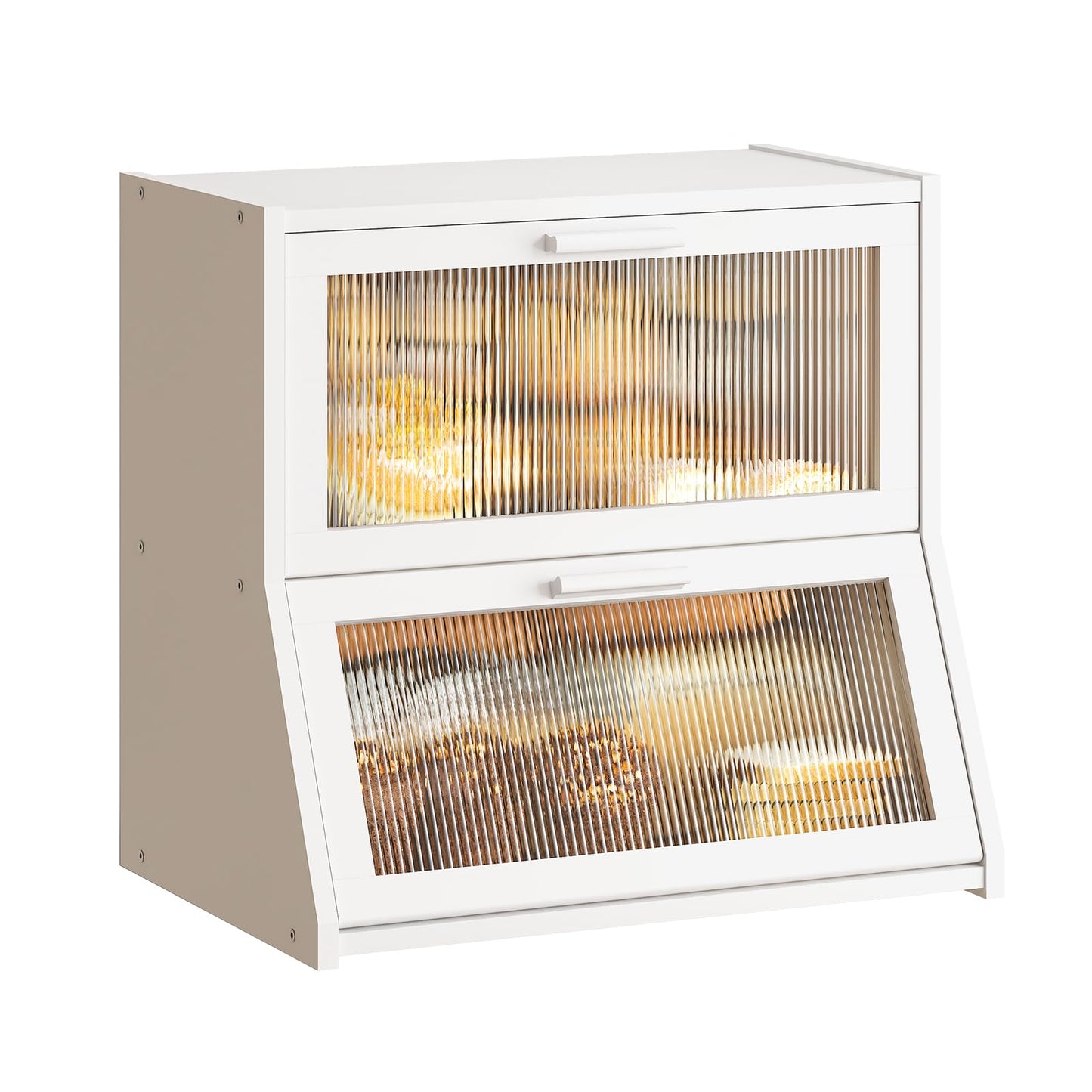 GHWIE Double Layer Bamboo Bread Box for Kitchen Counter,Large Capacity Bread Storage Bin,Bread Container with Acrylic Wavy Door Panel (White, Extra Large)