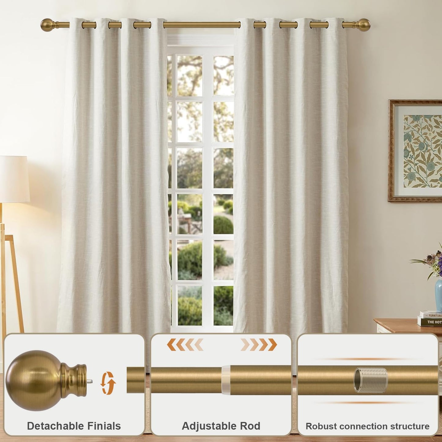 Warm Gold Curtain Rods for Windows 48 to 84 Inch 1" Diameter Adjustable Heavy Duty Brass Window Curtain Rod with Metal Finials for Living Room Bedroom Farmhouse Kitchen Outdoor