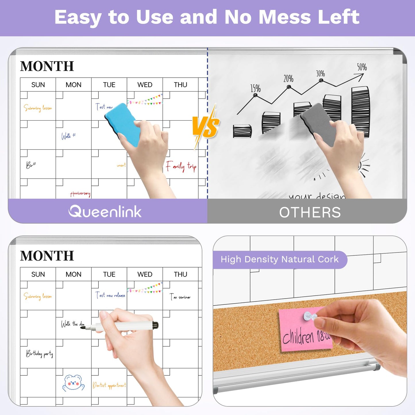 Dry Erase Calendar & Cork Board Combo 36"x24", Double-Sided Magnetic Whiteboard for Wall, Large Monthly Planner with 3-in-1 Versatility, Aluminum Frame Memo Board for Home, Office & School