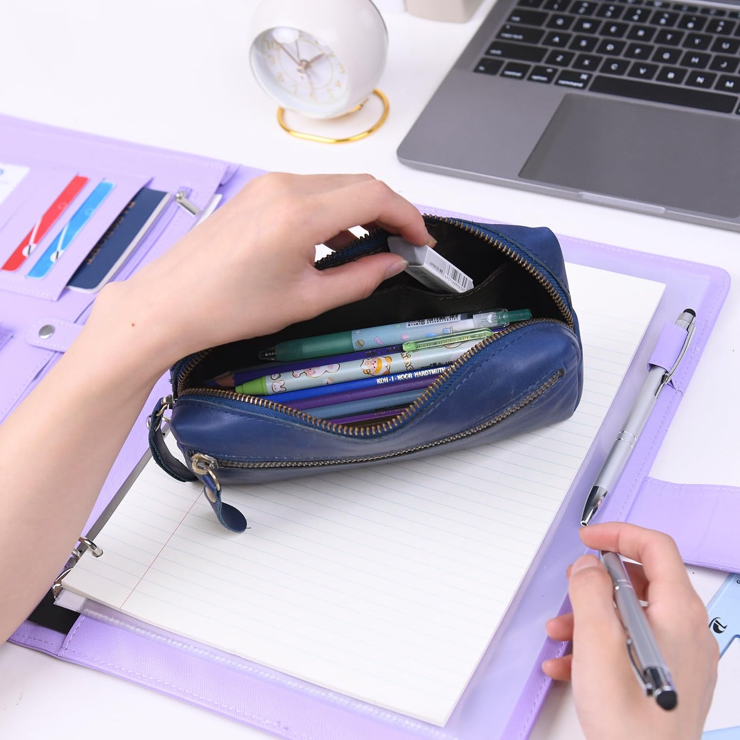 Wonderpool Pen Case Real Leather Pencil Pouch Markers Holder Big Capacity Bag with Side Zippered Pocket Sleeve for Stationery Makeup Utensils Tool Organizer (Blue)