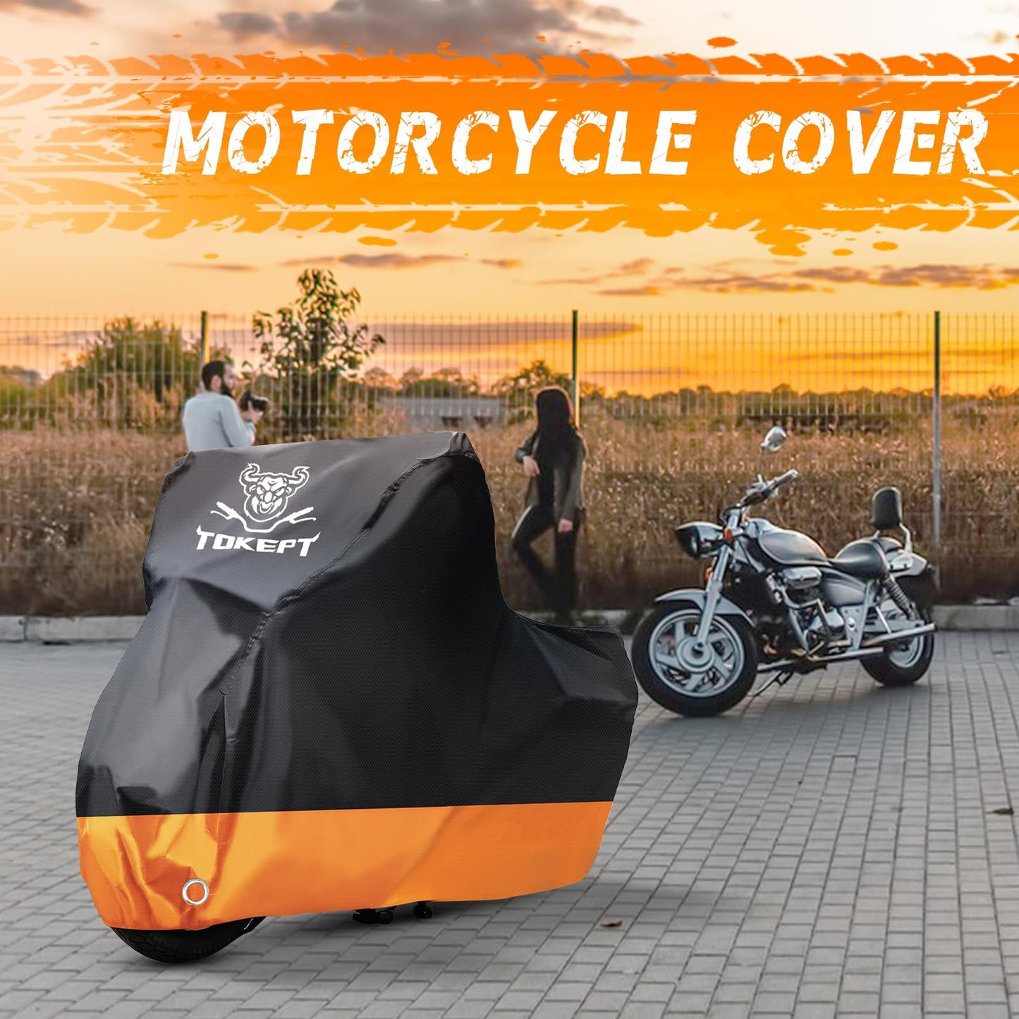 Tokept Motorcycle Cover, All-Season Waterproof Outdoor Sun Protection Fit up to 116 Inch Harley-Davidson Honda Suzuki Kawasaki Yamaha (XXXL Black&Orange)