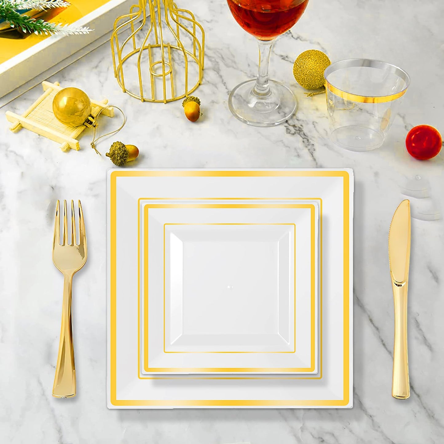 175PCS Gold Squart Plates with Plastic Silverware, Gold Disposable Dinnerware Set for Wedding & Party, Including 25 Dinner Plates, 25 Dessert Plates, 25 Cups, 25 Napkins, 25 Cutlery Set