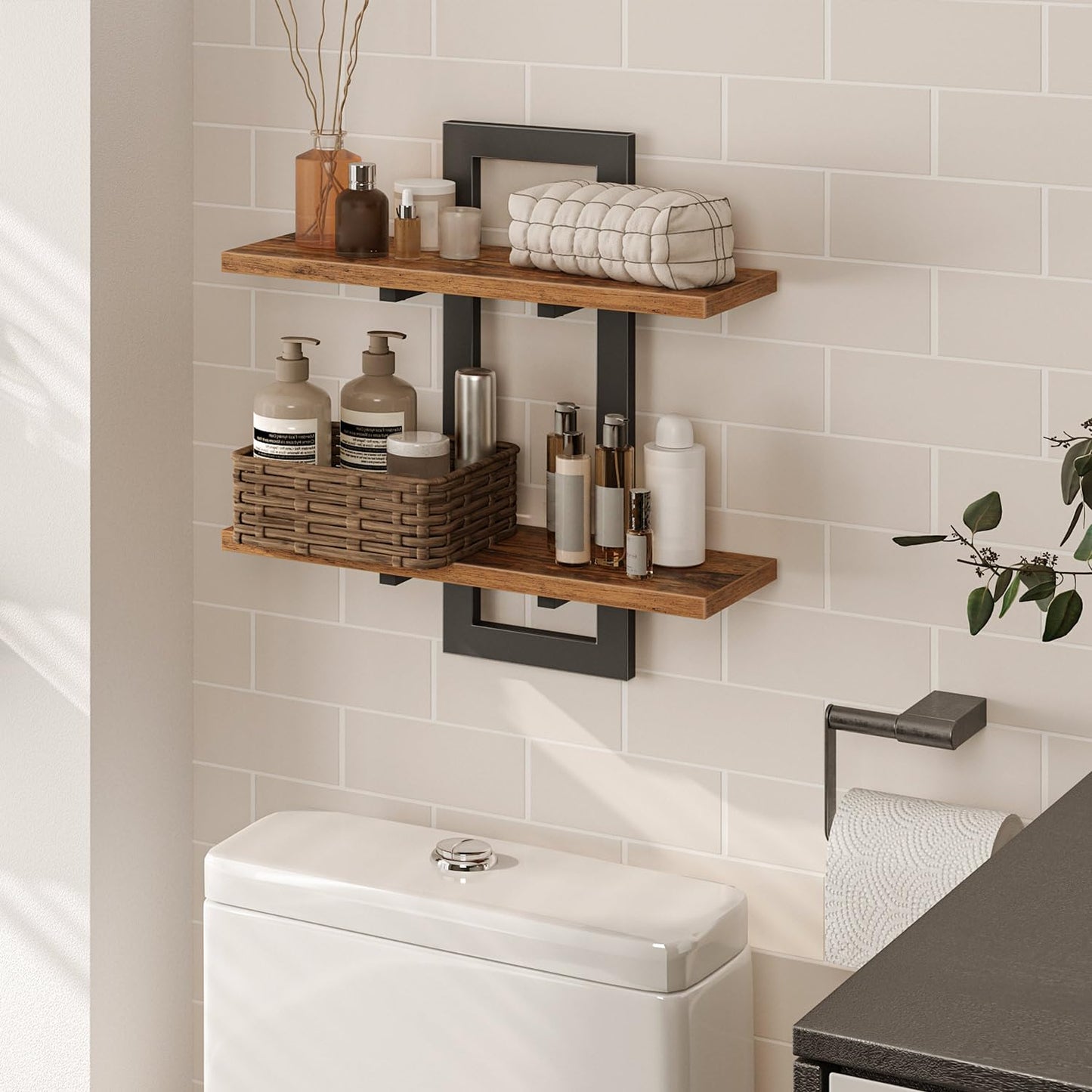 HOOBRO Floating Shelves, 38 cm Wall Shelf Set of 2, Wall Mounted Storage Shelves 2-Tier, Hanging Bathroom Shelves, for Living Room, Bedroom, Bathroom, Kitchen, Rustic Brown and Black BF32BJ01