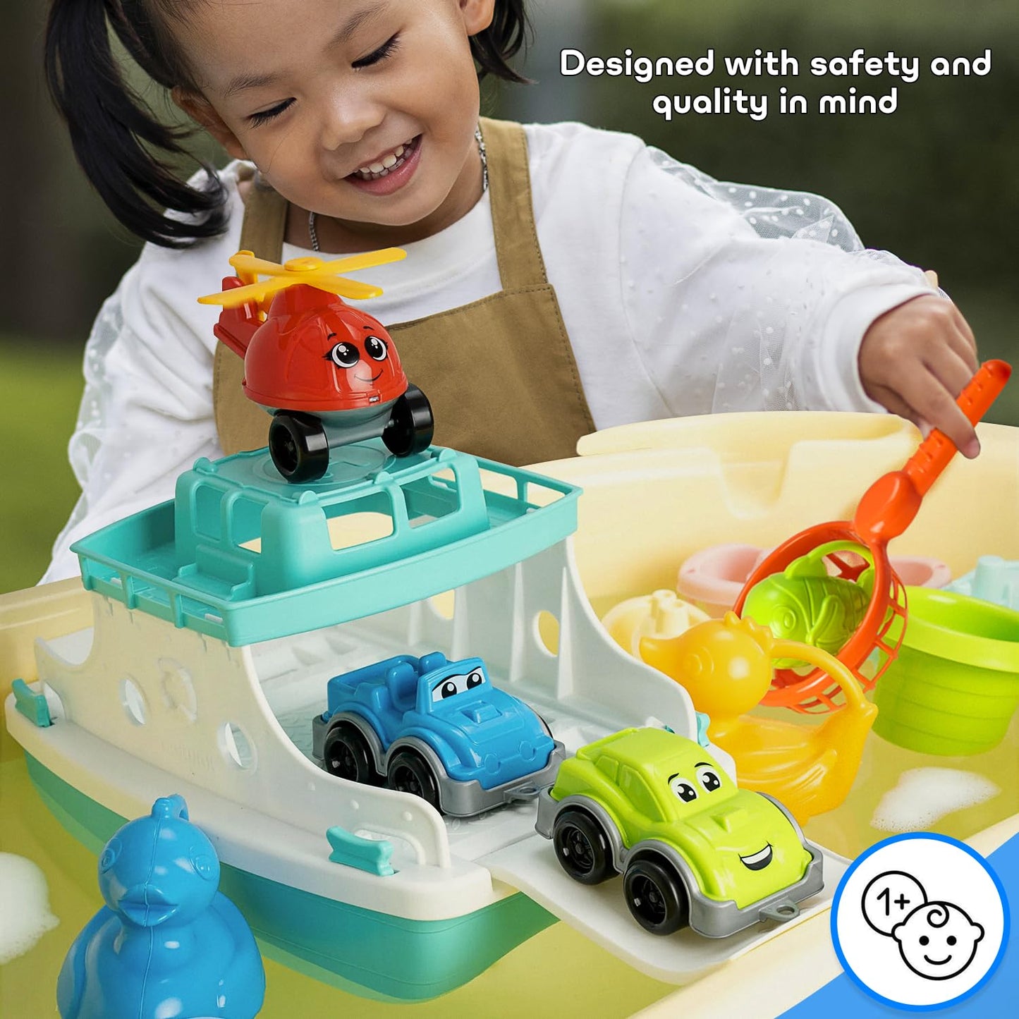 Ferry Boat Toys Set with Helicopter 2 Cars | Baby Bath Toys for Toddlers with Stacking Cups | Baby Water Toy with Bath Boats Train for Girls and Boys