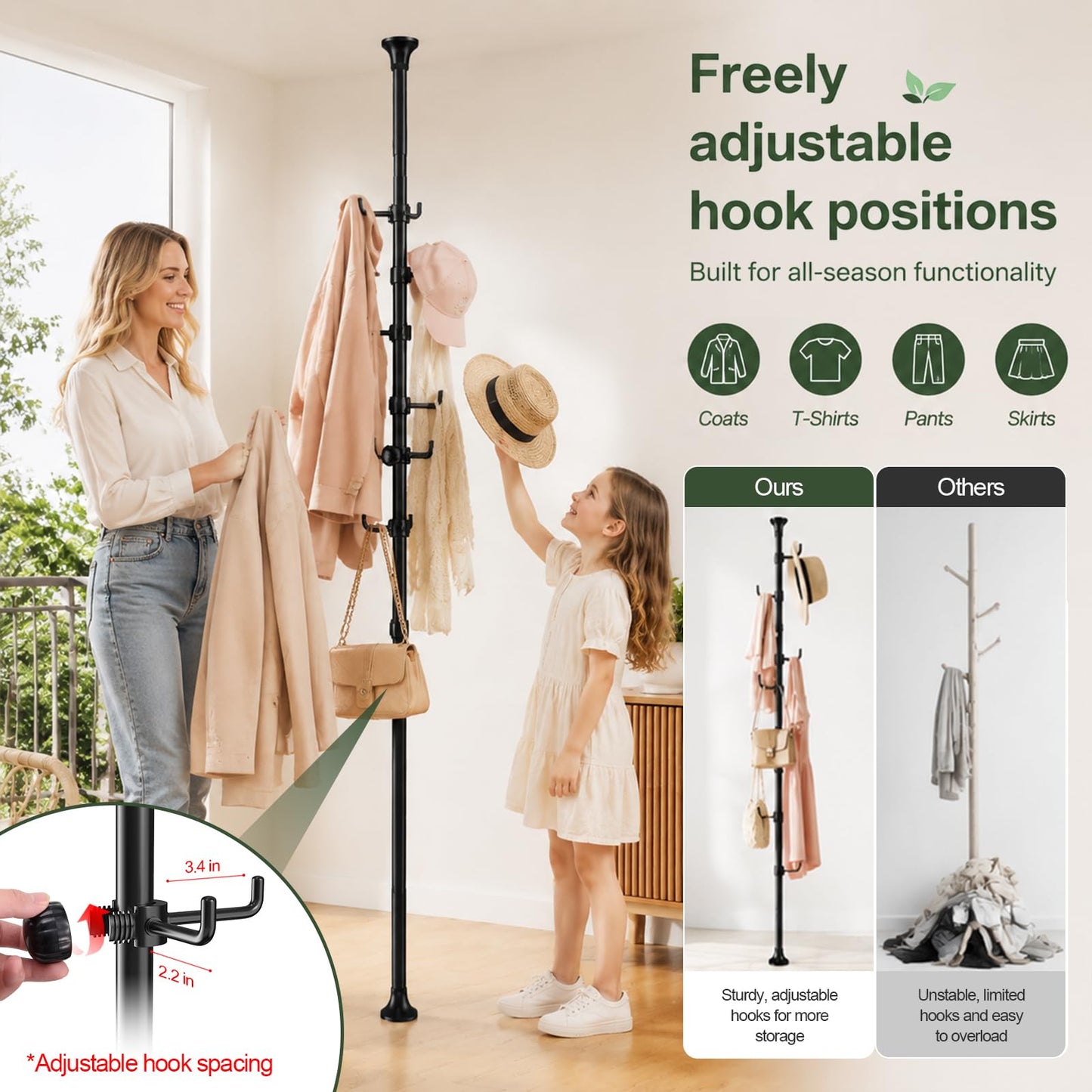 Sempicad Coat Rack Freestanding, 56 to 125 inch Adjustable Tension Rod Coat Hanger with 12 Hooks for Hanging Coat, Jacket, Hat, Scarf, Suitable for Living Room, Balcony, Kitchen BLACK
