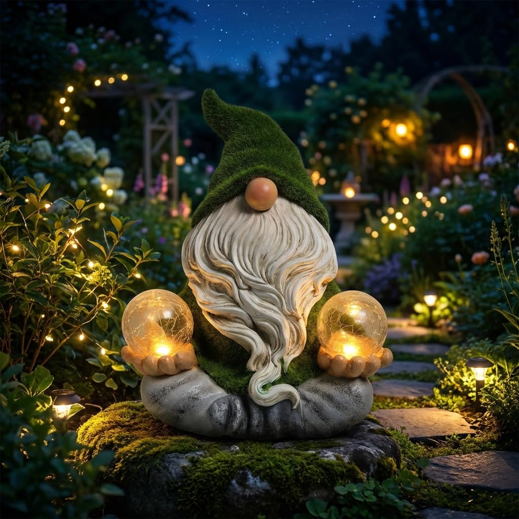 TERESA'S COLLECTIONS Garden Gnomes Decorations for Yard with Solar Lights, Yoga Gnome Resin Flocked Zen Garden Sculptures & Statues for Outdoor Front Porch Patio Santa Decor, Ideal Gifts, 8"