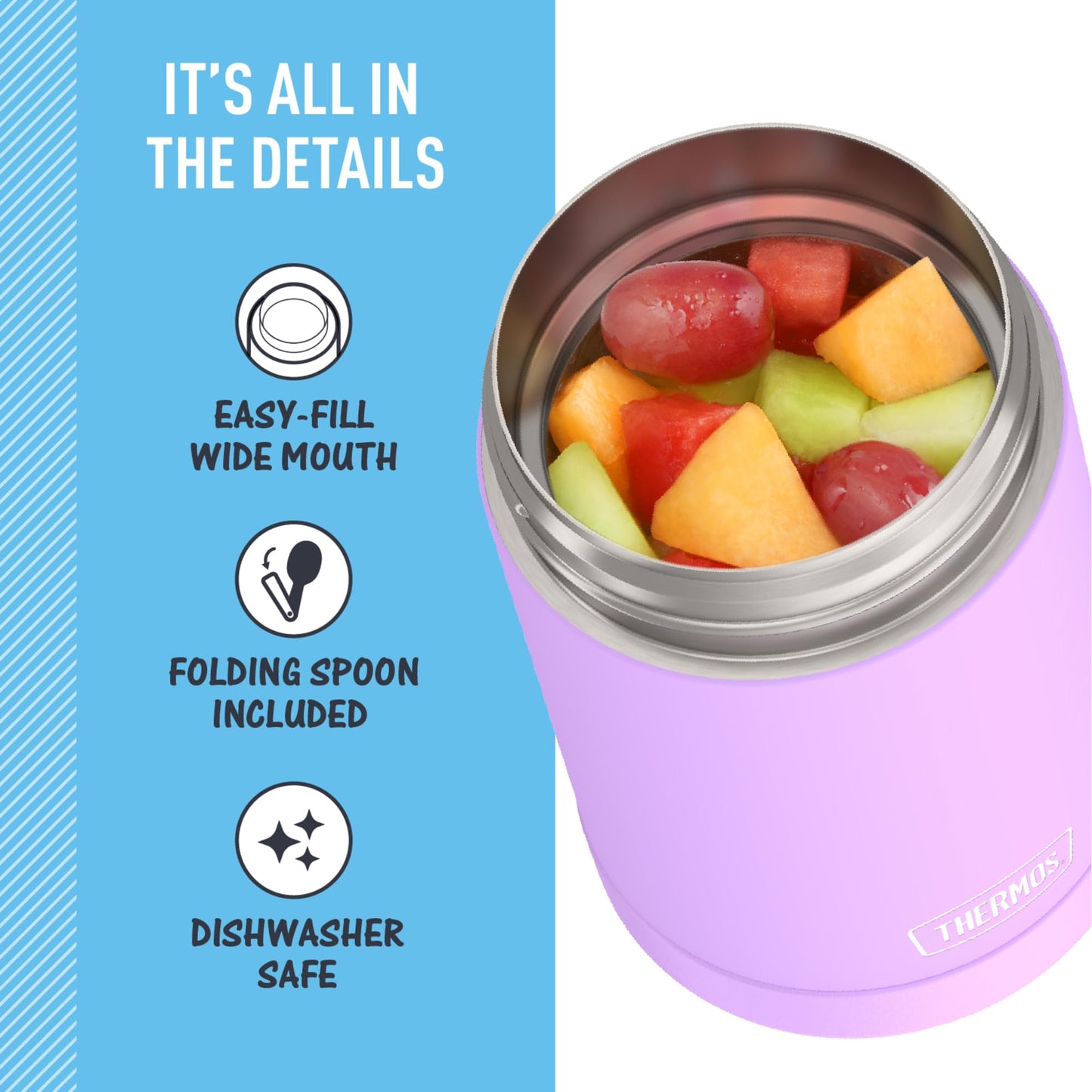 THERMOS FUNTAINER 16 Ounce Stainless Steel Vacuum Insulated Food Jar with Spoon, Neon Purple