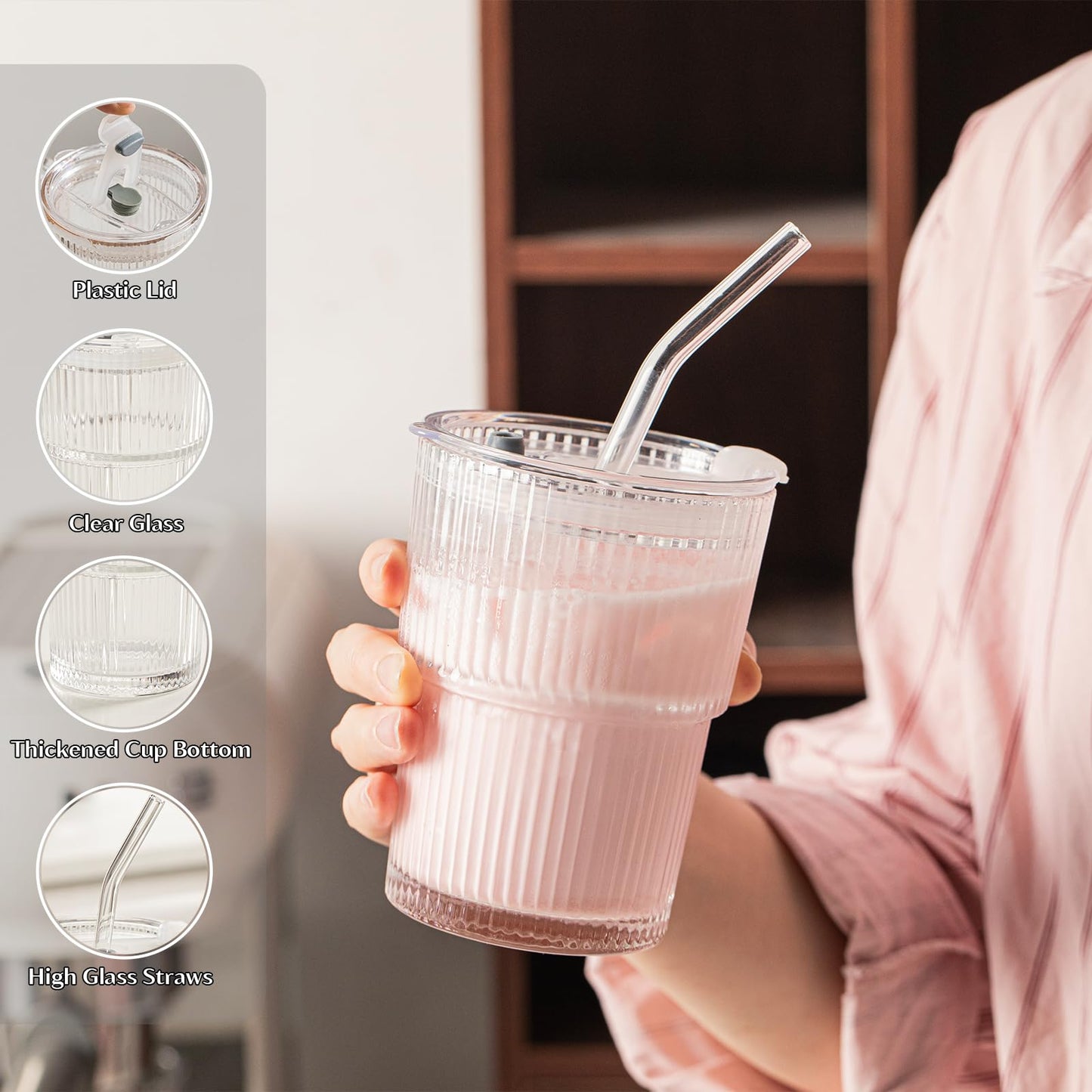 INSETLAN 13oz Glass Tumbler with Lid and Straw 4 Pack - Ribbed Glass Cup Iced Coffee Glasses, Clear Leakproof Tumbler Cup for Smoothies, Iced Latte,Matcha, Cold Drinks
