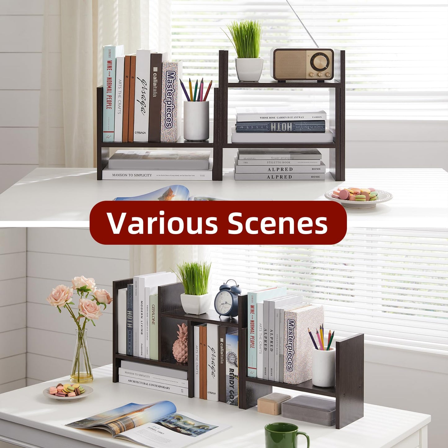 Somdot Desktop Bookshelf, Desk Shelf Organizer Storage Display Shelf Rack, 3 Pack Counter Top Bookcase for Home Office，Dark Brown