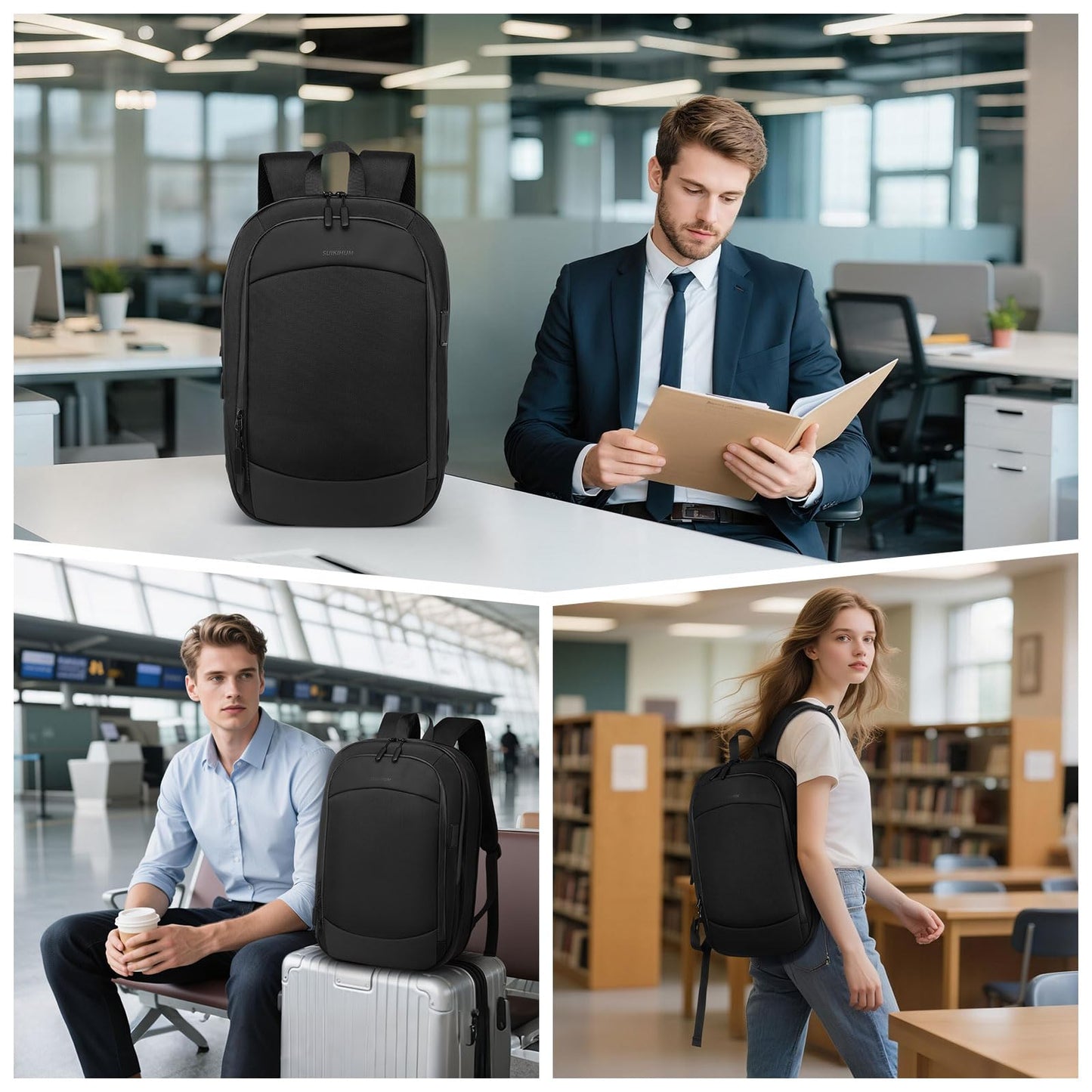 SUIKIHUM 15.6 Inch Laptop Backpack, Expandable with USB Port, Water-Resistant for Work, College and Travel, Black