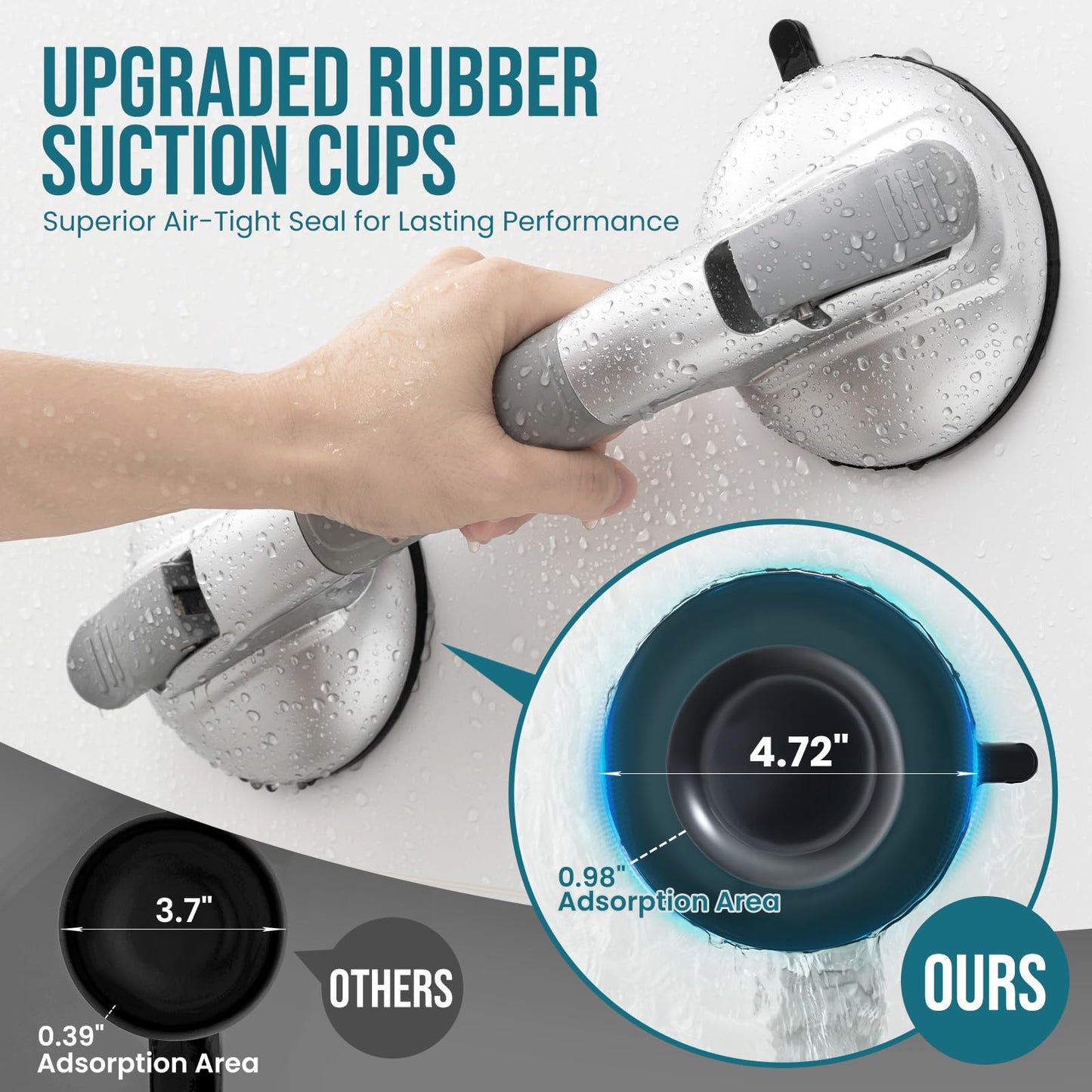 TAILI Grab Bars for Bathtubs and Showers,2 Pack Shower Handles for Elderly Suction,Shower Bar with Upgraded Rubber Suction Cups,Maximum 330lbs, Safety Grip for Senior, No Drilling Removable,Silver