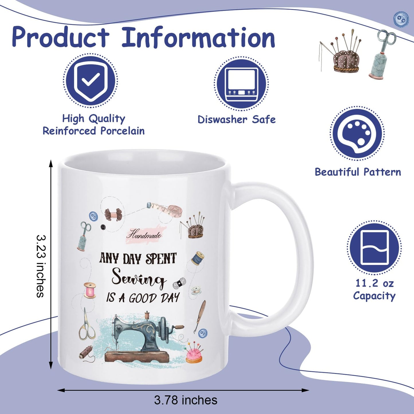 Abbylike 5 Pcs Sewing Gifts for Seamstress Women Gifts Canvas Bag Cosmetic Bag Quilting Coffee Mug Socks 11 oz Cup Quilter Keychain Funny Presents for Mom Quilters Sewing Lovers(White,Classic)