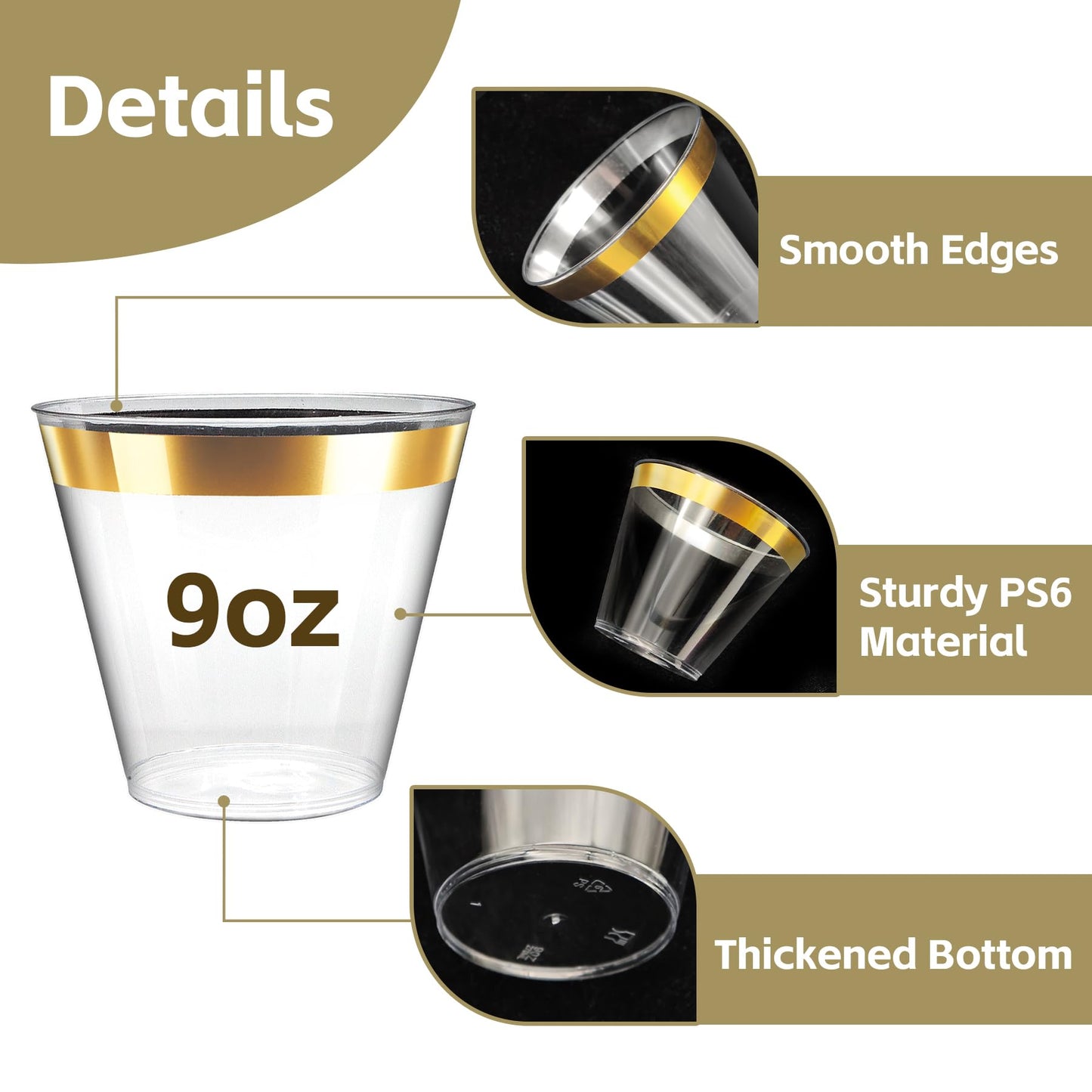 [200 Pack] 9oz Clear Plastic Cups with Gold Rimmed Sturdy & Food Safe Disposable Wine Glasses Party Wedding Cups Disposable Drinking Cups Plastic Cocktail Glasses for Wine, Juice & Cold Beverages