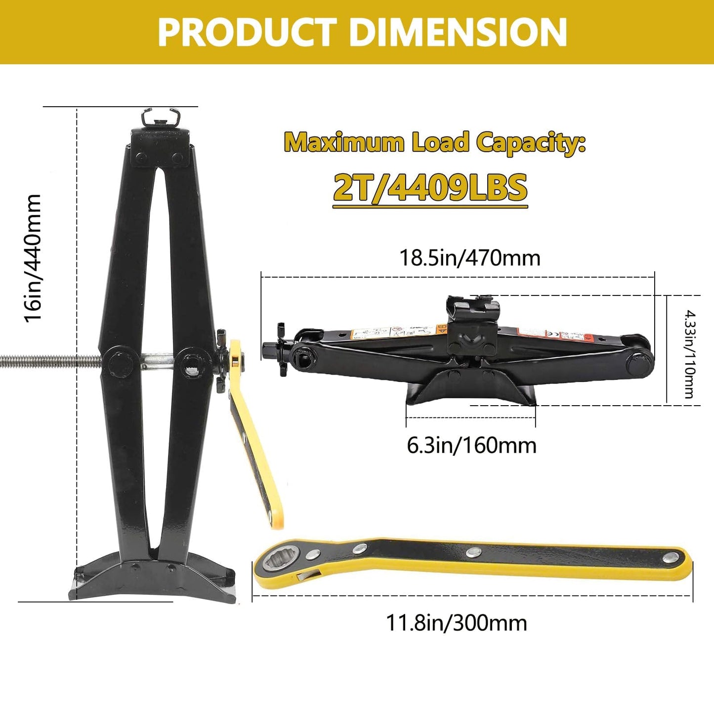 Allucky Scissor Lift Jack kit Heavy Duty Lifting Scissor Jack Tire Replacement Tool with Hand Crank Tire Tool Kit Universal Car Emergency Kit (2T-Base Enlarged)