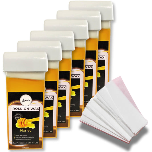 Amourè Roll-On Wax Kit – Honey Wax Cartridges Pack of 6 with 30 Free Strips | Professional Waxing Kit for Smooth Skin | Easy Roll-On Hair Removal for Women & Men