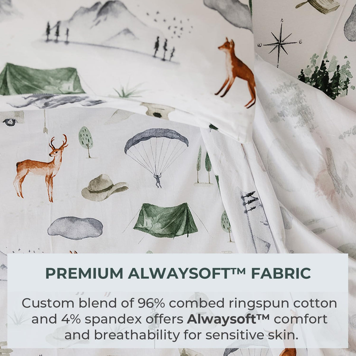 Pobi Baby Premium Twin Full Bed Sheet Set – Kids Double Bed Sheets in Cotton Blend | Ultra-Soft Woodland Camping Print with Fitted Sheet, Flat Sheet & Pillowcases - 3 PC (Explore)