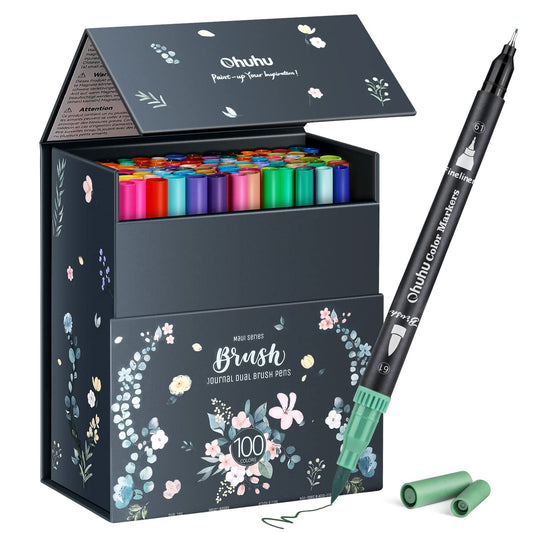 Ohuhu Markers for Adult Coloring Books No Bleeding 100 Colors Coloring Markers Water-based Dual Tips Fineliner & Brush Drawing Pens Art Pens for Kids Adults Sketch Journal - Maui - Black