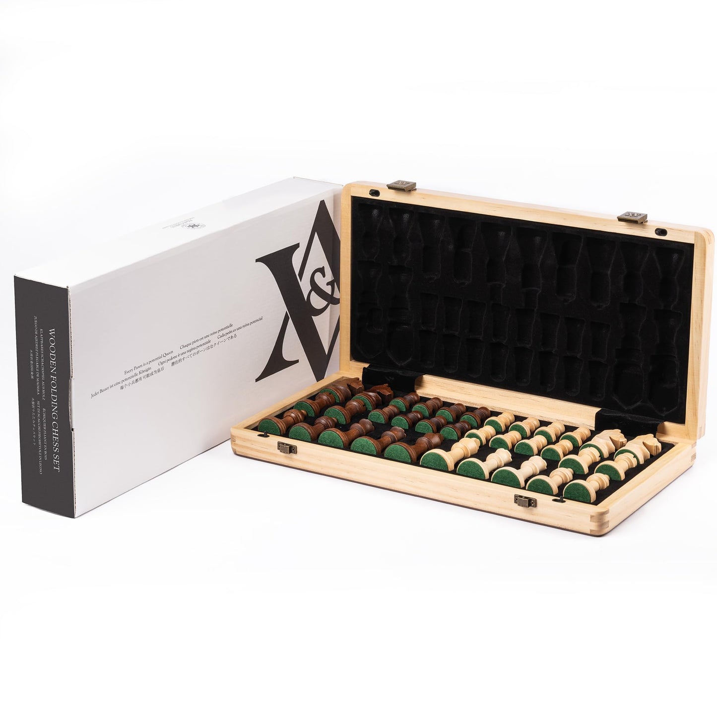 A&A 15" Wooden Chess Set/Folding Board / 3" King Height German Knight Staunton Chess Pieces/Walnut & Maple Inlaid /2 Extra Queen