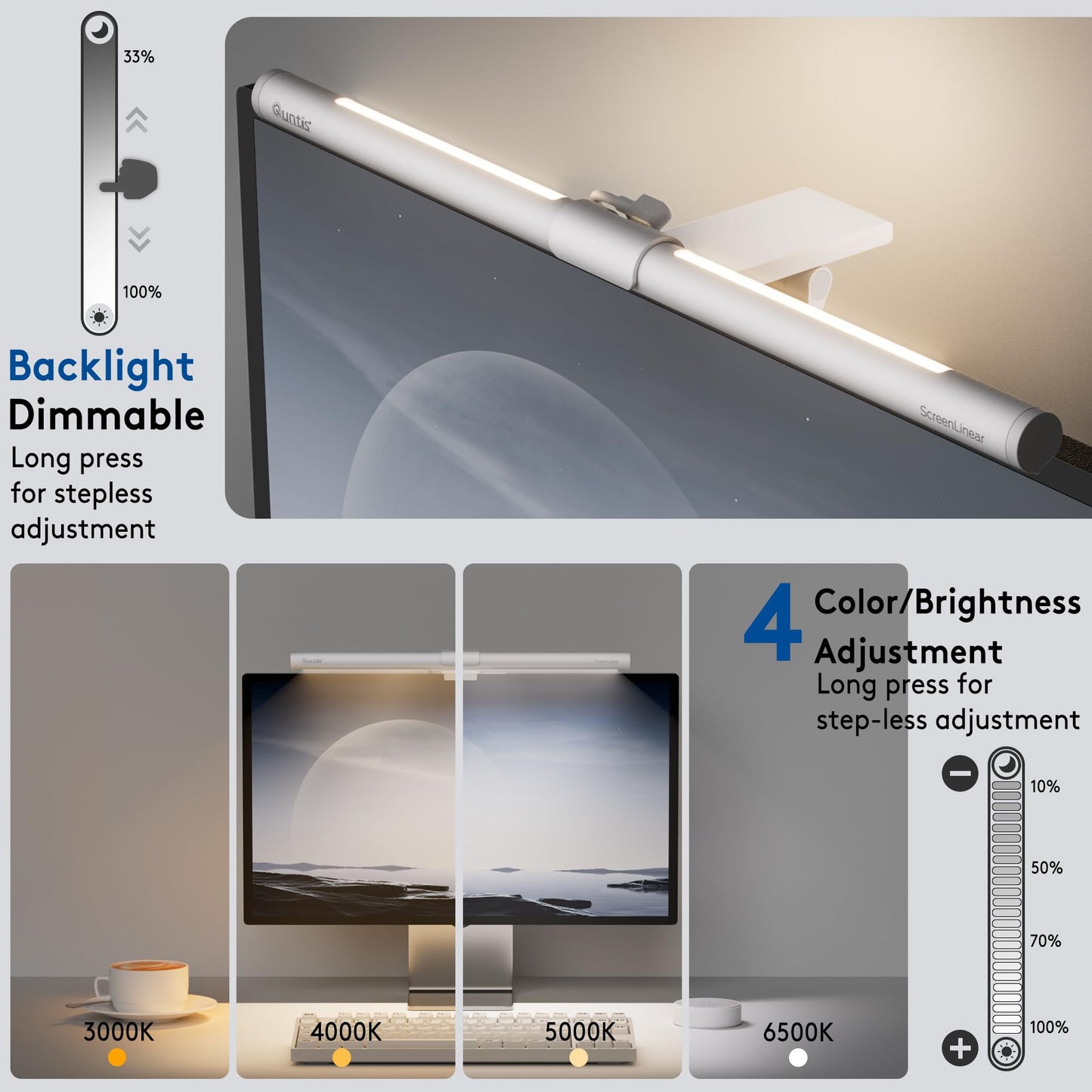 Quntis Monitor Light Bar 16'', Backlight & Camera Base, USB-Powered Space Saving Home Office Desk Lamp with Remote, Eye-Care No Glare Computer Light for Curved Gaming Monitors Reading Study, White