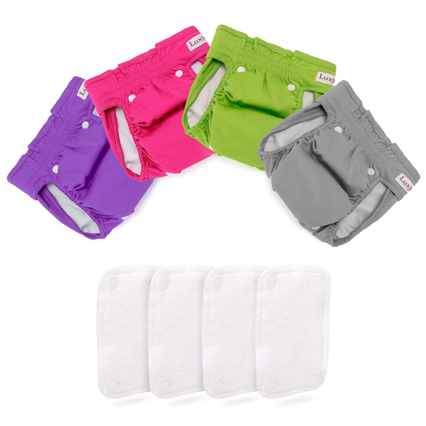Luxja Reusable Female Dog Diapers with Detachable Diaper Pads (Pack of 4), Washable Dog Wraps Hygiene Nappies for Female Dog,(Gray + Green + Purple + Rose Red), L2