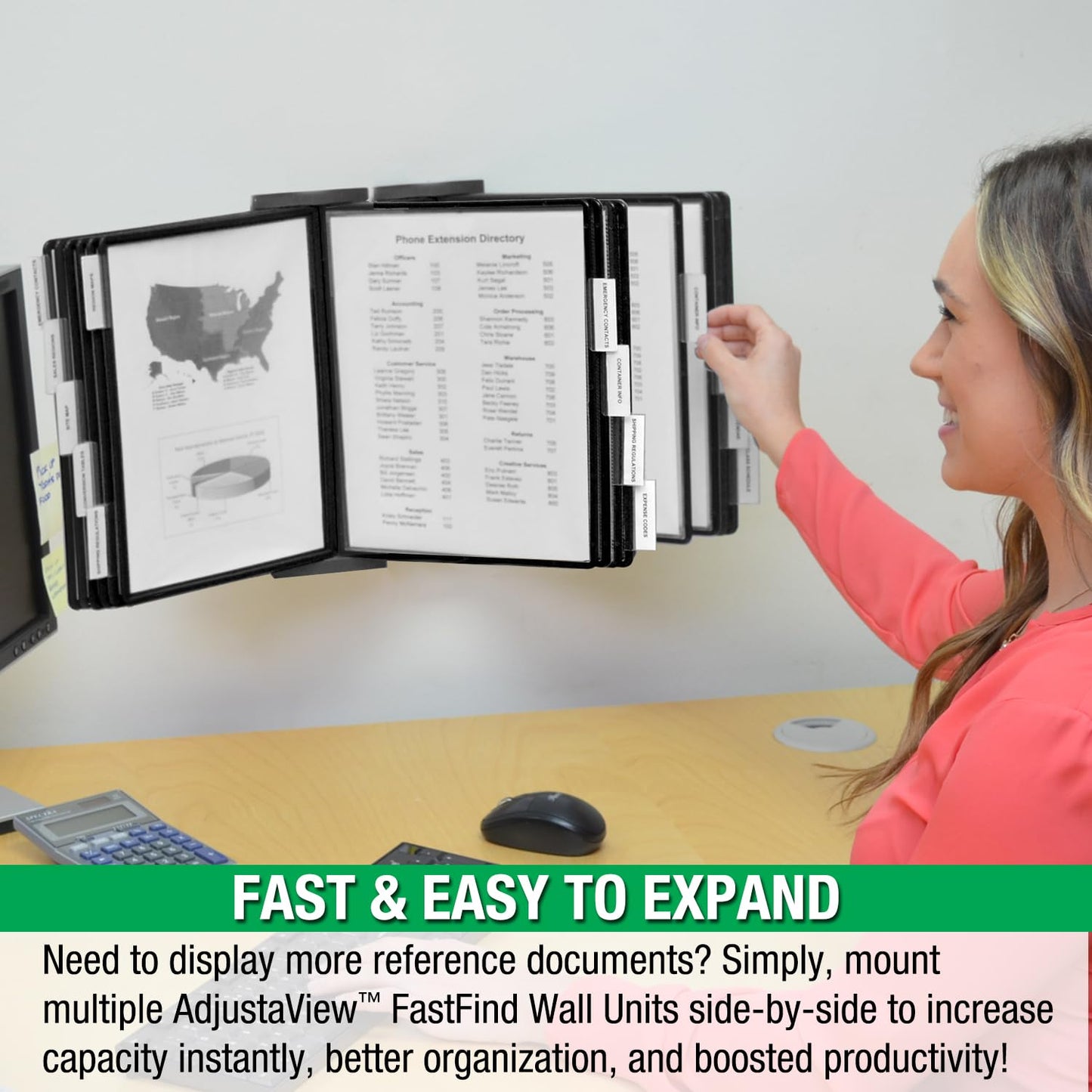 Ultimate Office AdjustaView 10-Pocket Wall Reference Organizer with Easy-Load Pockets and Mounting Screws, Black Pockets