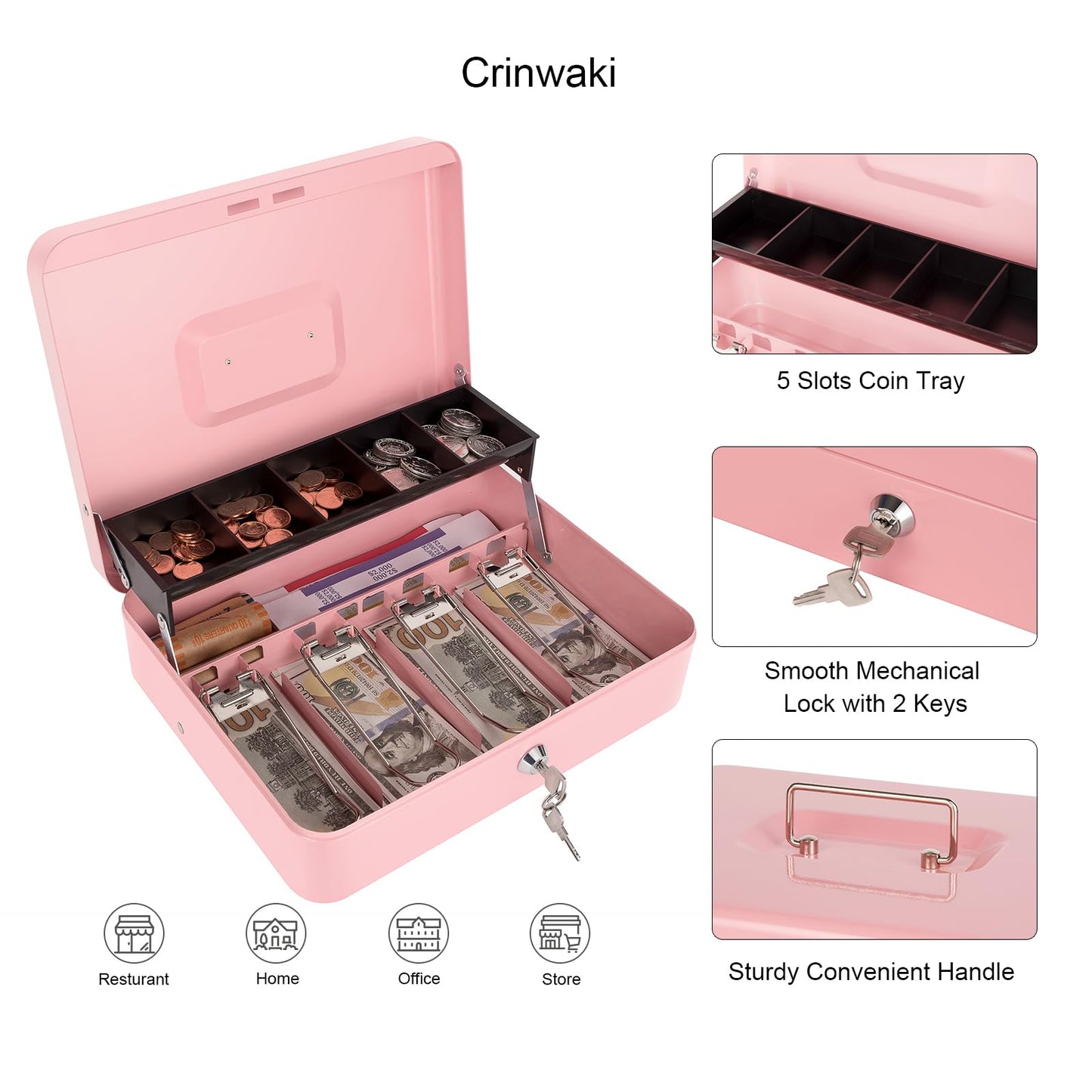 Cash Box with Lock and Money Tray, Metal Money Box with Key and Coin Crate, Cash Register Lock Box for Money Pink 11.8 x 9.4 x 3.54 Inches XL Large